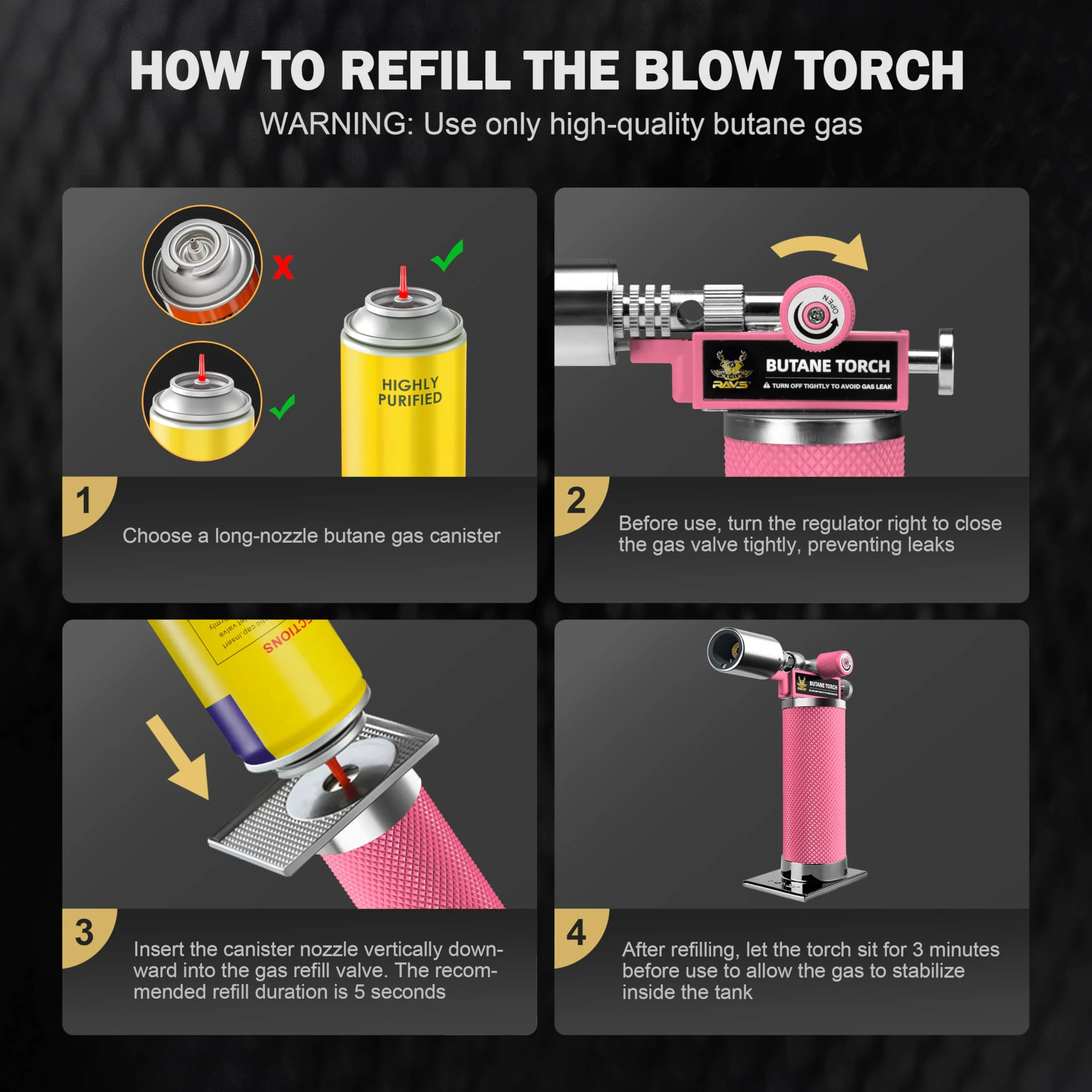 RAVS Butane Torch, Kitchen Torch Lighter for Creme Brulee with Adjustable Flame, Cooking Torch for Baking, BBQ, Desserts, Metal Mini Torch with Safety Buckle, Pink (Butane Not Included) - Image 3