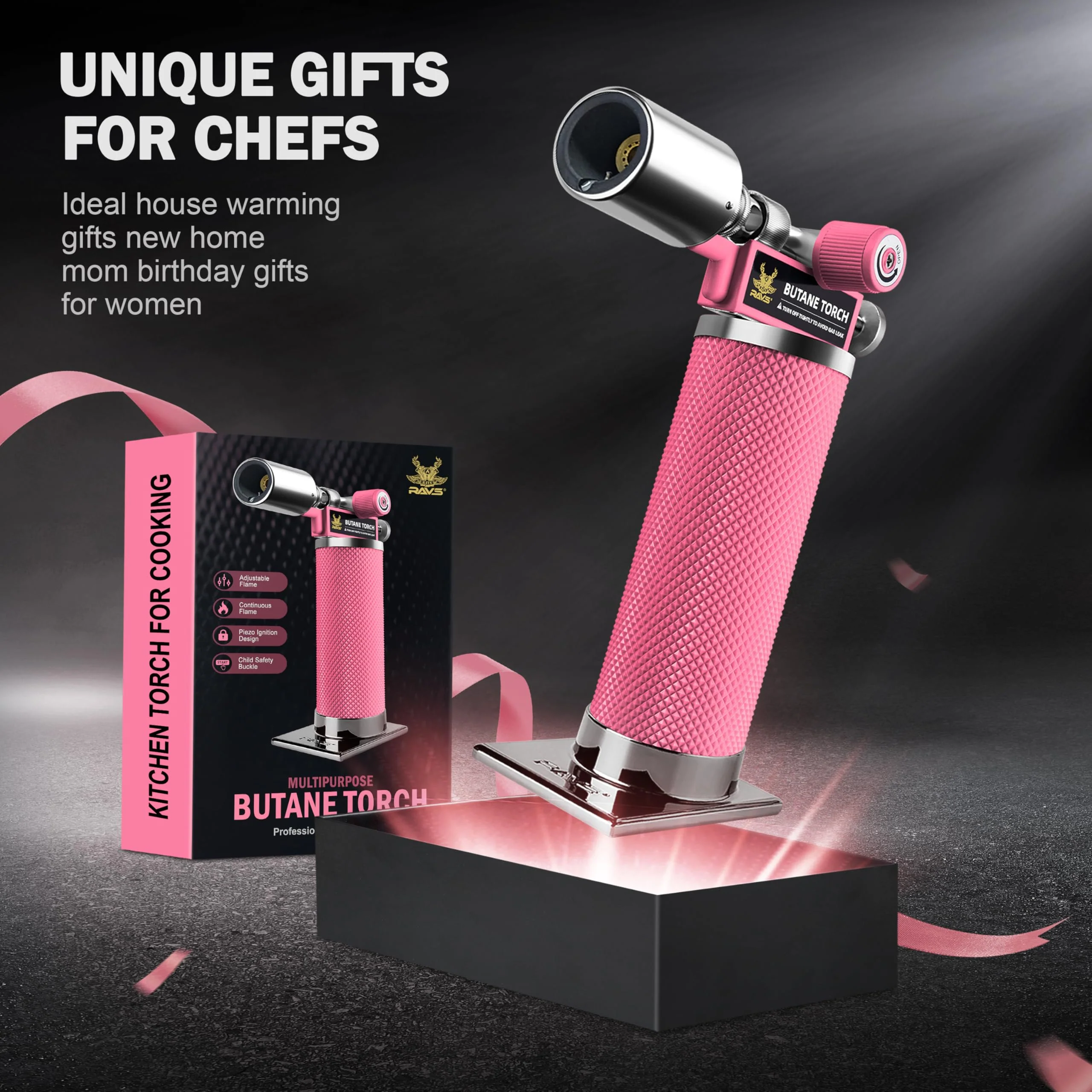 RAVS Butane Torch, Kitchen Torch Lighter for Creme Brulee with Adjustable Flame, Cooking Torch for Baking, BBQ, Desserts, Metal Mini Torch with Safety Buckle, Pink (Butane Not Included) - Image 4