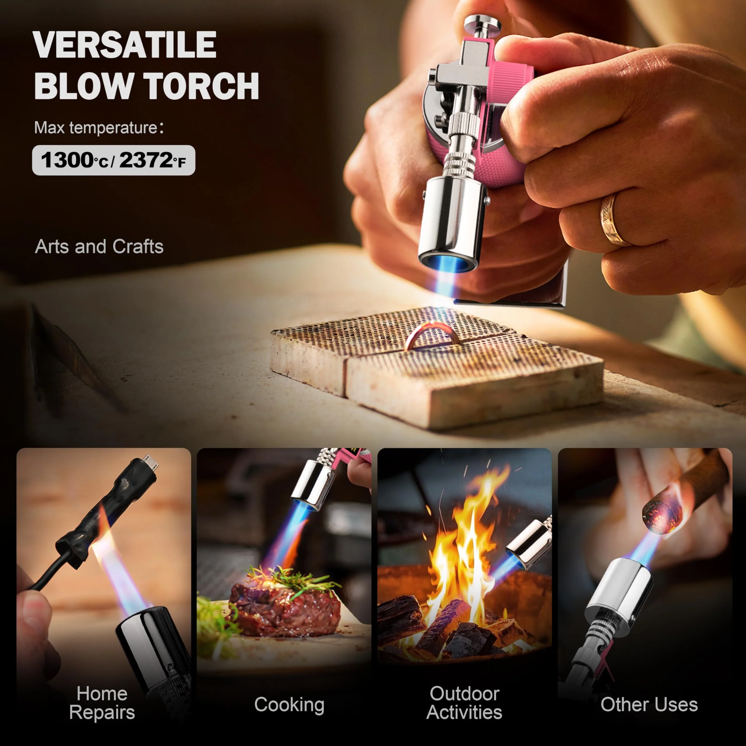 RAVS Butane Torch, Kitchen Torch Lighter for Creme Brulee with Adjustable Flame, Cooking Torch for Baking, BBQ, Desserts, Metal Mini Torch with Safety Buckle, Pink (Butane Not Included) - Image 5