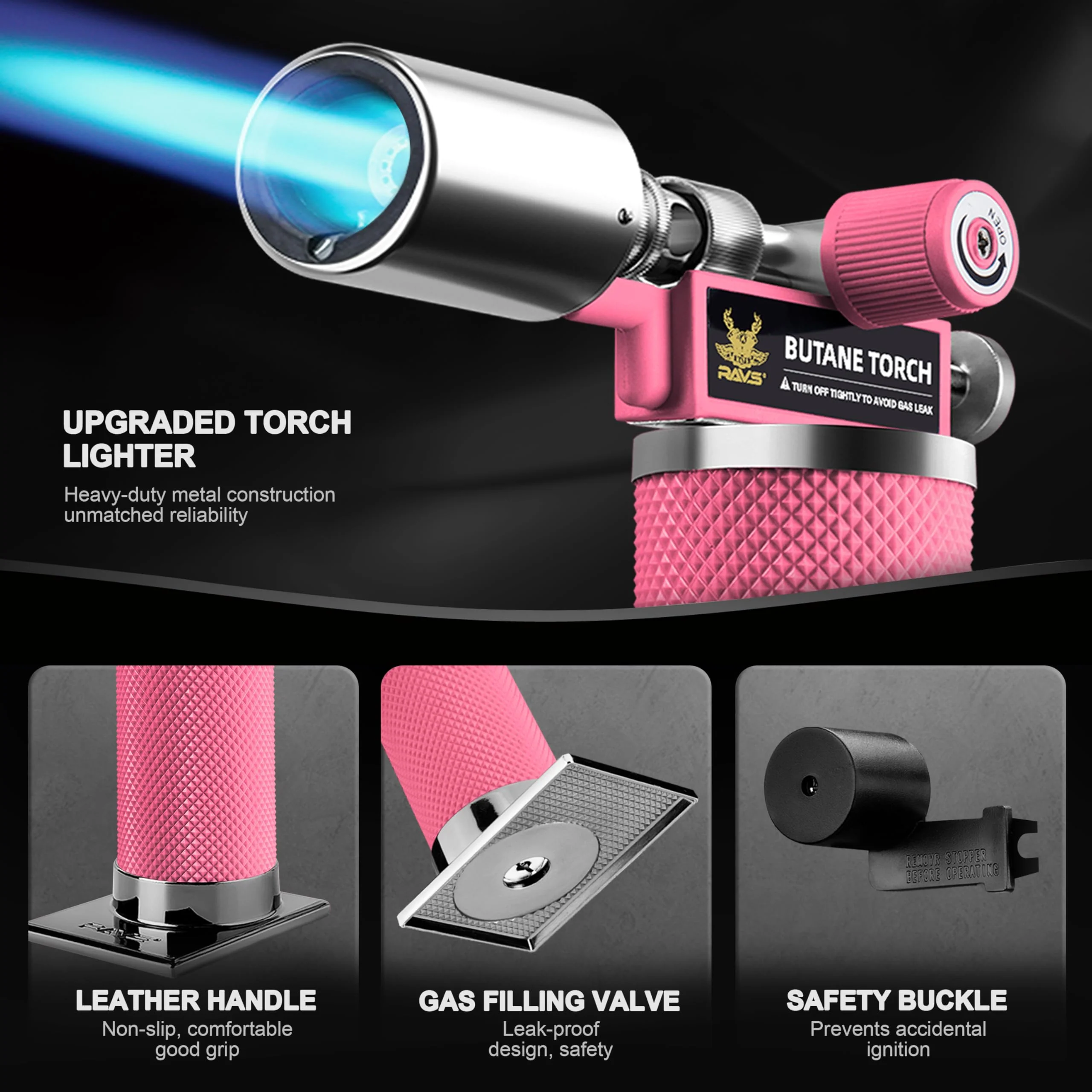 RAVS Butane Torch, Kitchen Torch Lighter for Creme Brulee with Adjustable Flame, Cooking Torch for Baking, BBQ, Desserts, Metal Mini Torch with Safety Buckle, Pink (Butane Not Included) - Image 6
