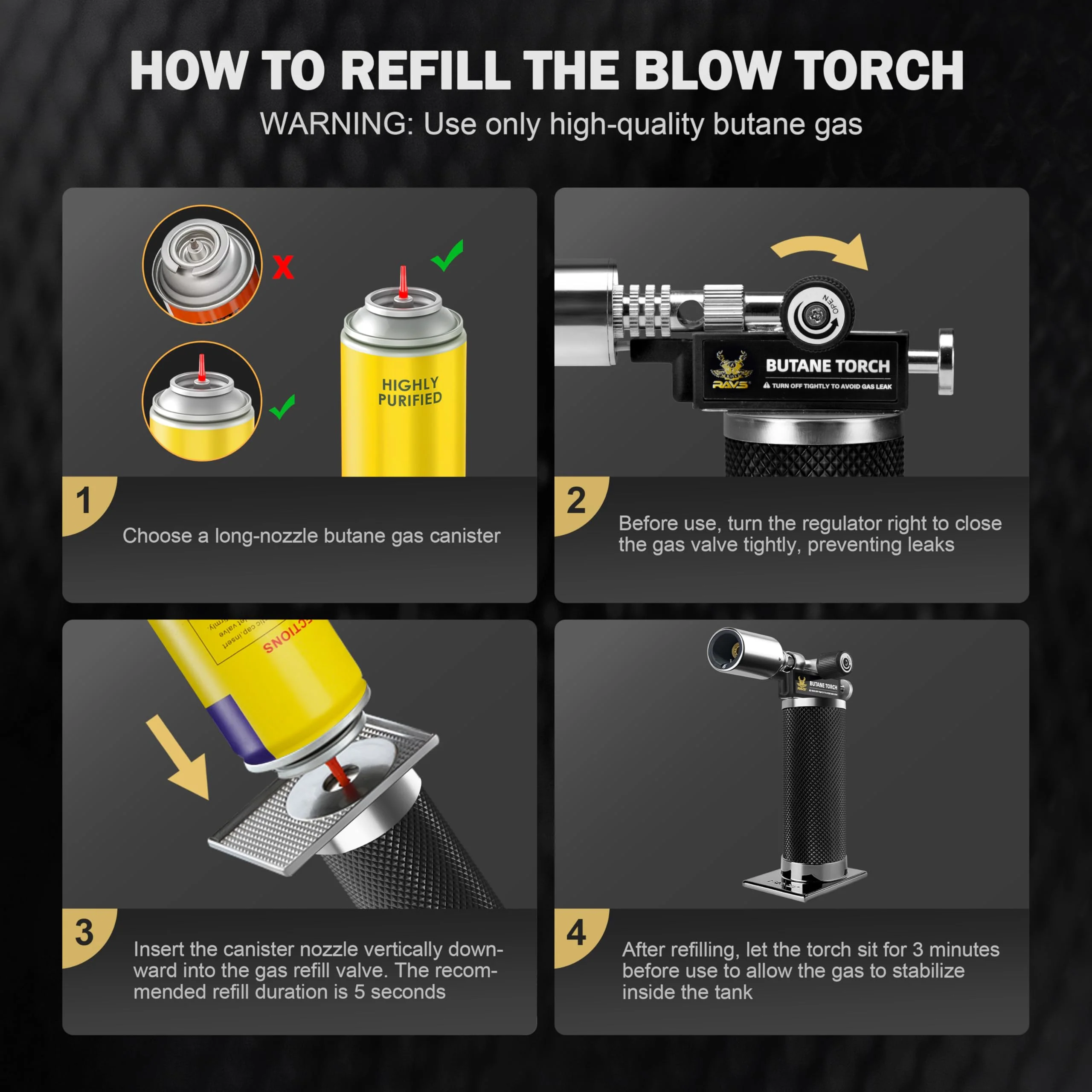 RAVS Butane Torch Lighter, Refillable Butane Kitchen Torch with Safety Lock and Adjustable Flame, Creme Brulee Torch for Baking, BBQ, Blow Torch for Cooking, Black, Butane Gas Not Included - Image 3