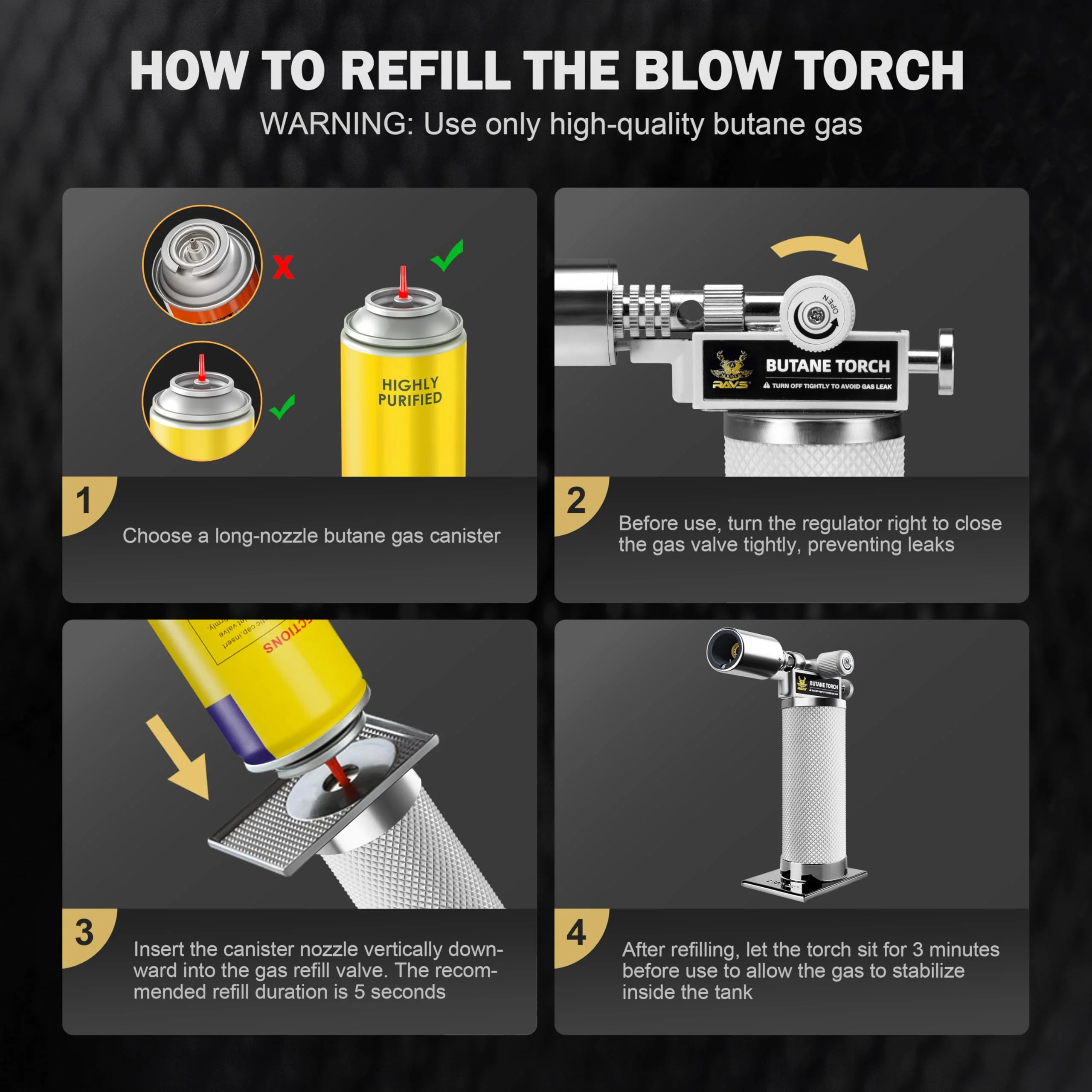 RAVS Butane Torch Lighter, Refillable Cooking Torch with Safety Lock and Adjustable Flame, Creme Brulee Torch for Baking, BBQ, White Mini Torch for Cooking, Gifts for Women, Butane Gas Not Included - Image 3