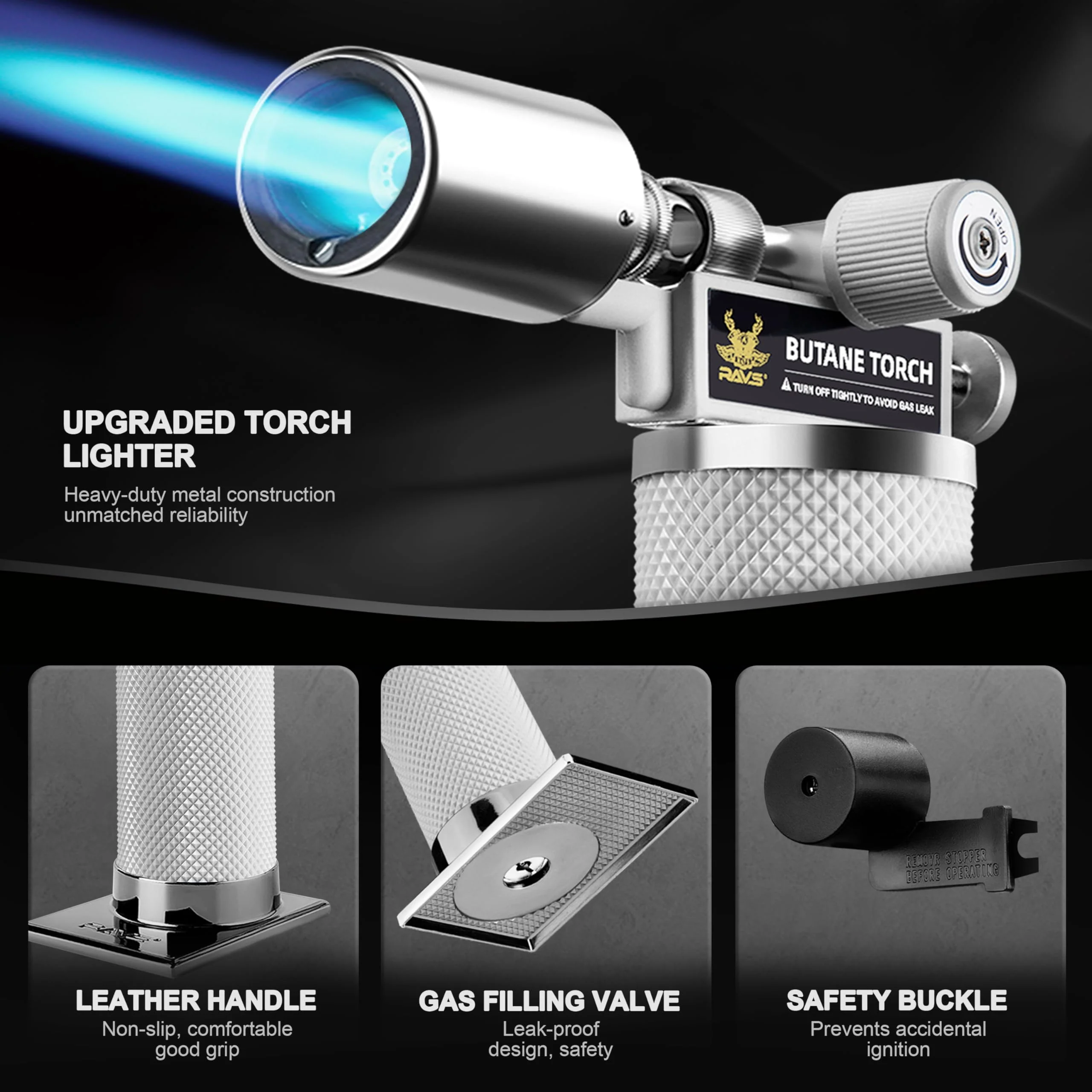 RAVS Butane Torch Lighter, Refillable Cooking Torch with Safety Lock and Adjustable Flame, Creme Brulee Torch for Baking, BBQ, White Mini Torch for Cooking, Gifts for Women, Butane Gas Not Included - Image 6