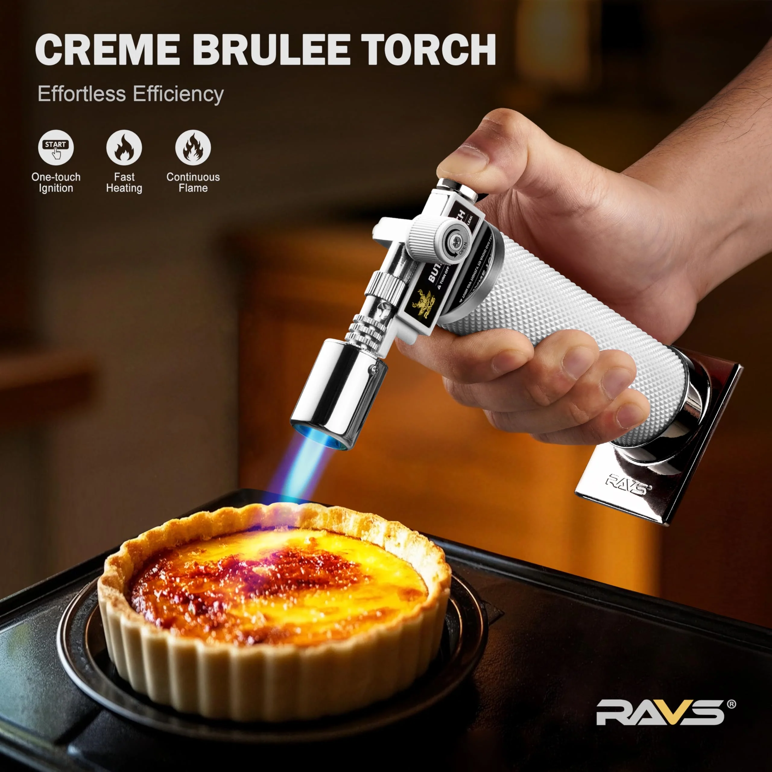 RAVS Butane Torch Lighter, Refillable Cooking Torch with Safety Lock and Adjustable Flame, Creme Brulee Torch for Baking, BBQ, White Mini Torch for Cooking, Gifts for Women, Butane Gas Not Included - Image 8