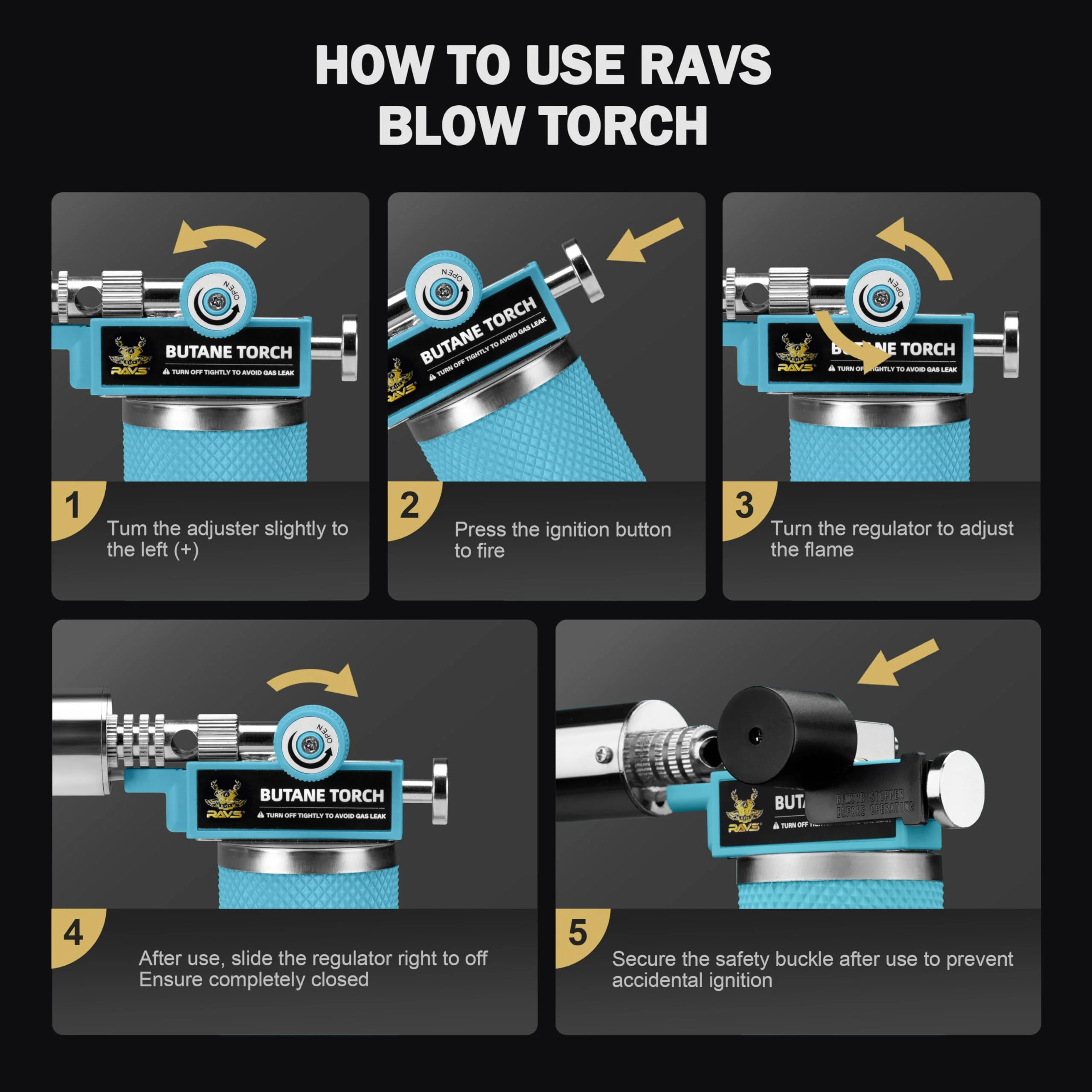 RAVS Butane Torch Lighter, Refillable Kitchen Torch with Safety Lock and Adjustable Flame, Creme Brulee Torch for Baking, BBQ, Blue Blow Torch for Cooking, Mens Gifts, Butane Gas Not Included - Image 2