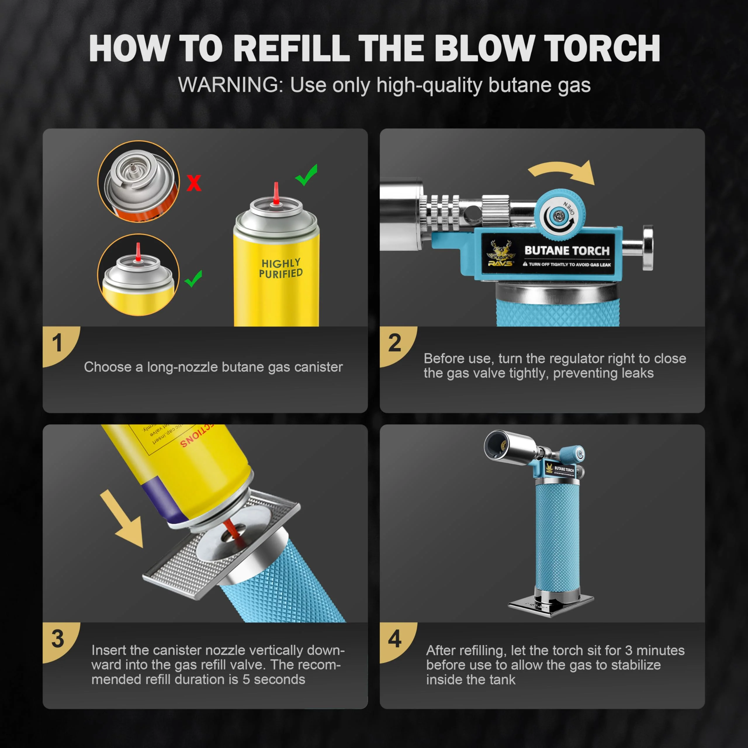 RAVS Butane Torch Lighter, Refillable Kitchen Torch with Safety Lock and Adjustable Flame, Creme Brulee Torch for Baking, BBQ, Blue Blow Torch for Cooking, Mens Gifts, Butane Gas Not Included - Image 3