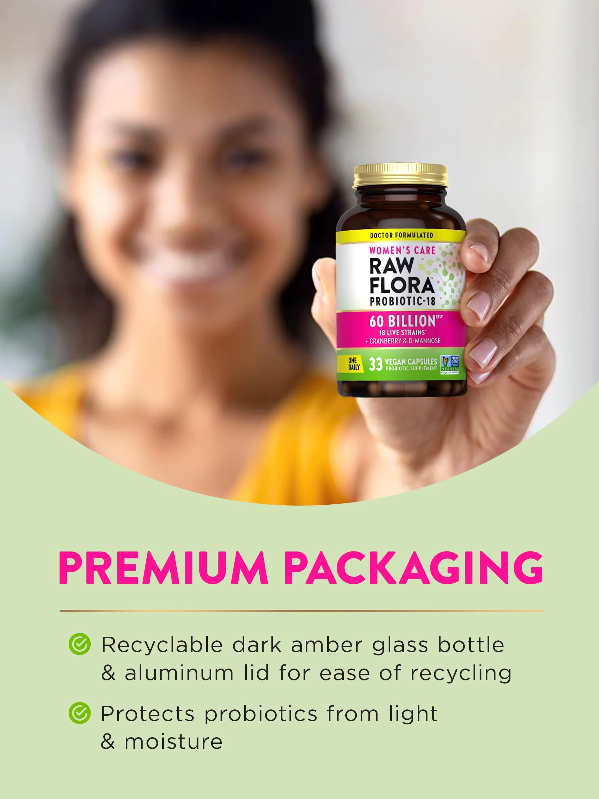Raw Flora Women's Probiotics | Dr. Formulated 60 Billion CFU + Prebiotics | Digestive, Vaginal & Urinary Support | 33 Vegan Capsules with Cranberry & D-Mannose | Shelf Stable - Image 4