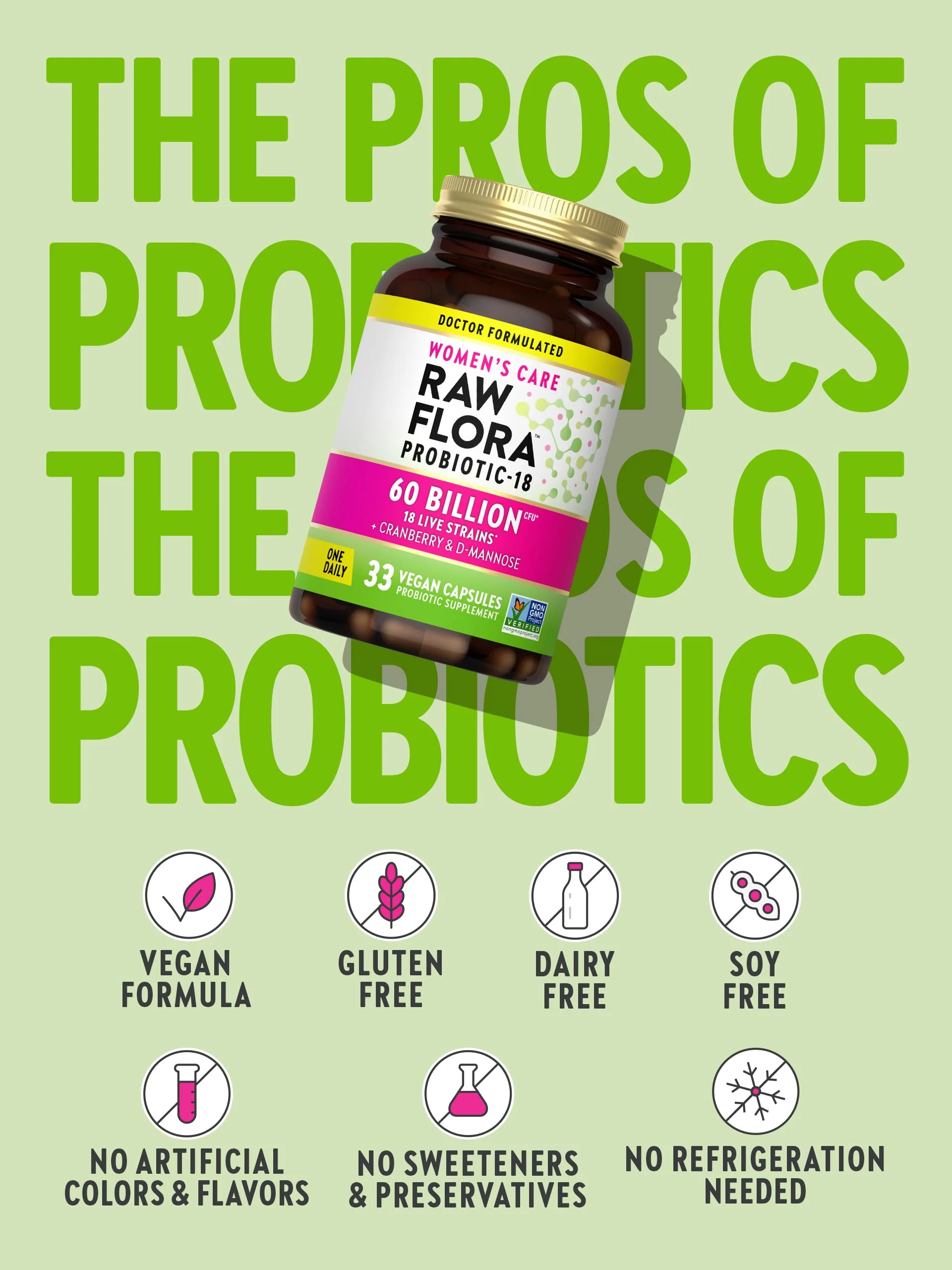 Raw Flora Women's Probiotics | Dr. Formulated 60 Billion CFU + Prebiotics | Digestive, Vaginal & Urinary Support | 33 Vegan Capsules with Cranberry & D-Mannose | Shelf Stable - Image 6
