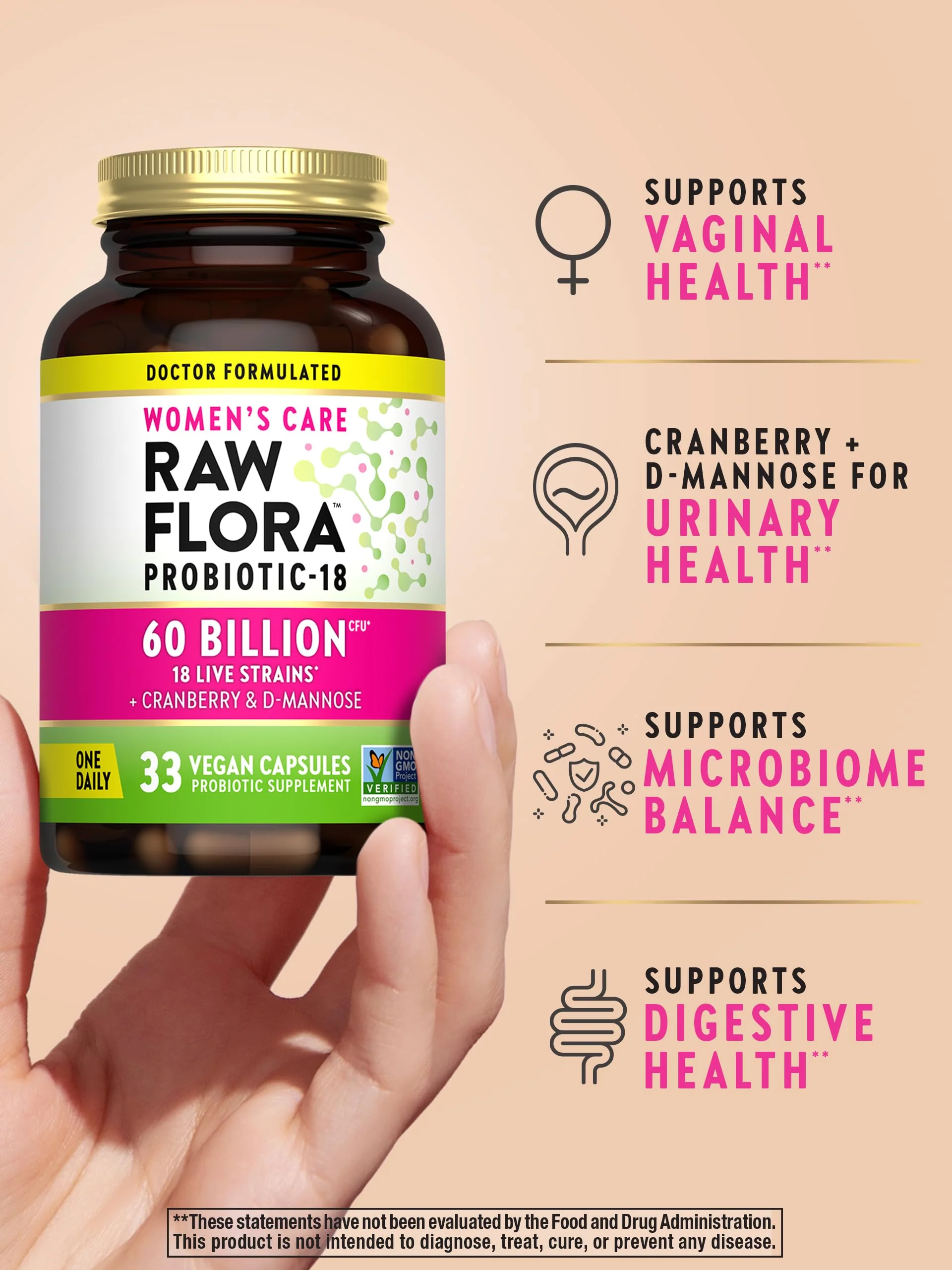 Raw Flora Women's Probiotics | Dr. Formulated 60 Billion CFU + Prebiotics | Digestive, Vaginal & Urinary Support | 33 Vegan Capsules with Cranberry & D-Mannose | Shelf Stable - Image 8