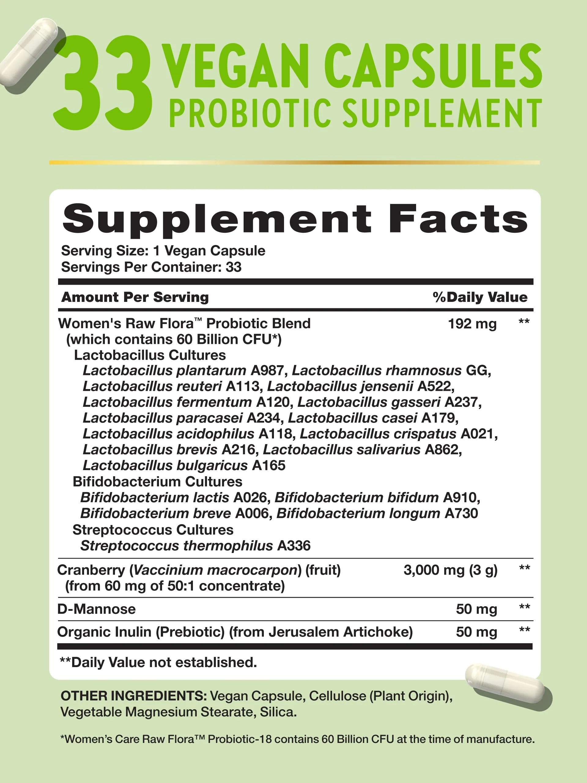Raw Flora Women's Probiotics | Dr. Formulated 60 Billion CFU + Prebiotics | Digestive, Vaginal & Urinary Support | 33 Vegan Capsules with Cranberry & D-Mannose | Shelf Stable - Image 9