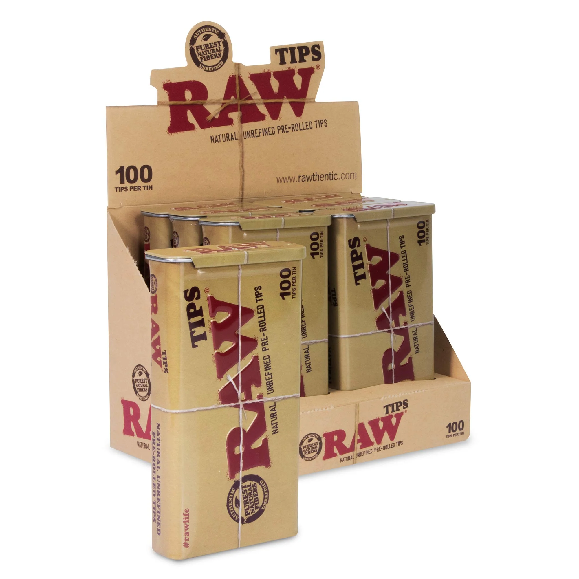 RAW Natural Unrefined 100 Tip Pre-Rolled Tin - (6)