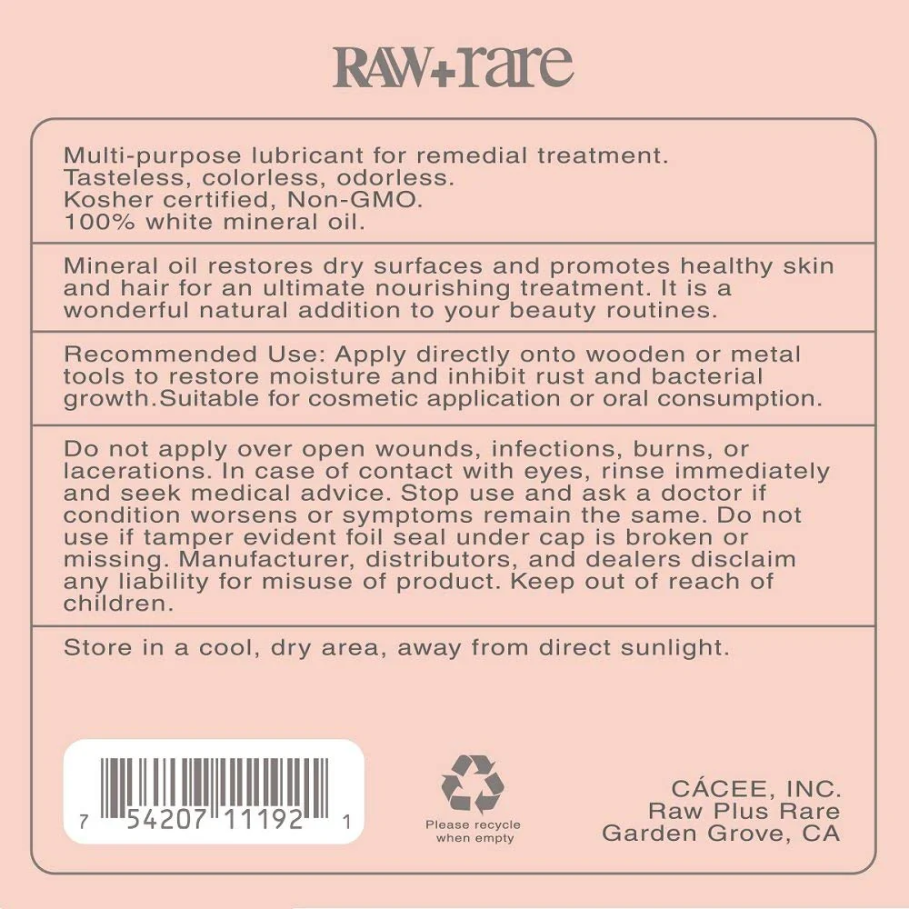Raw Plus Rare Vegan Food Grade Mineral Oil, Safe for Wood Cutting Board, Butcher Block, Bamboo Cutting Board, and Knife Blade Oil, Cast Iron Tools Conditioner 32 oz - Image 2
