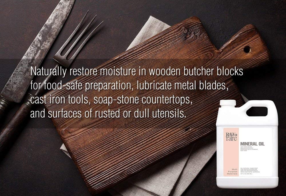 Raw Plus Rare Vegan Food Grade Mineral Oil, Safe for Wood Cutting Board, Butcher Block, Bamboo Cutting Board, and Knife Blade Oil, Cast Iron Tools Conditioner 32 oz - Image 7