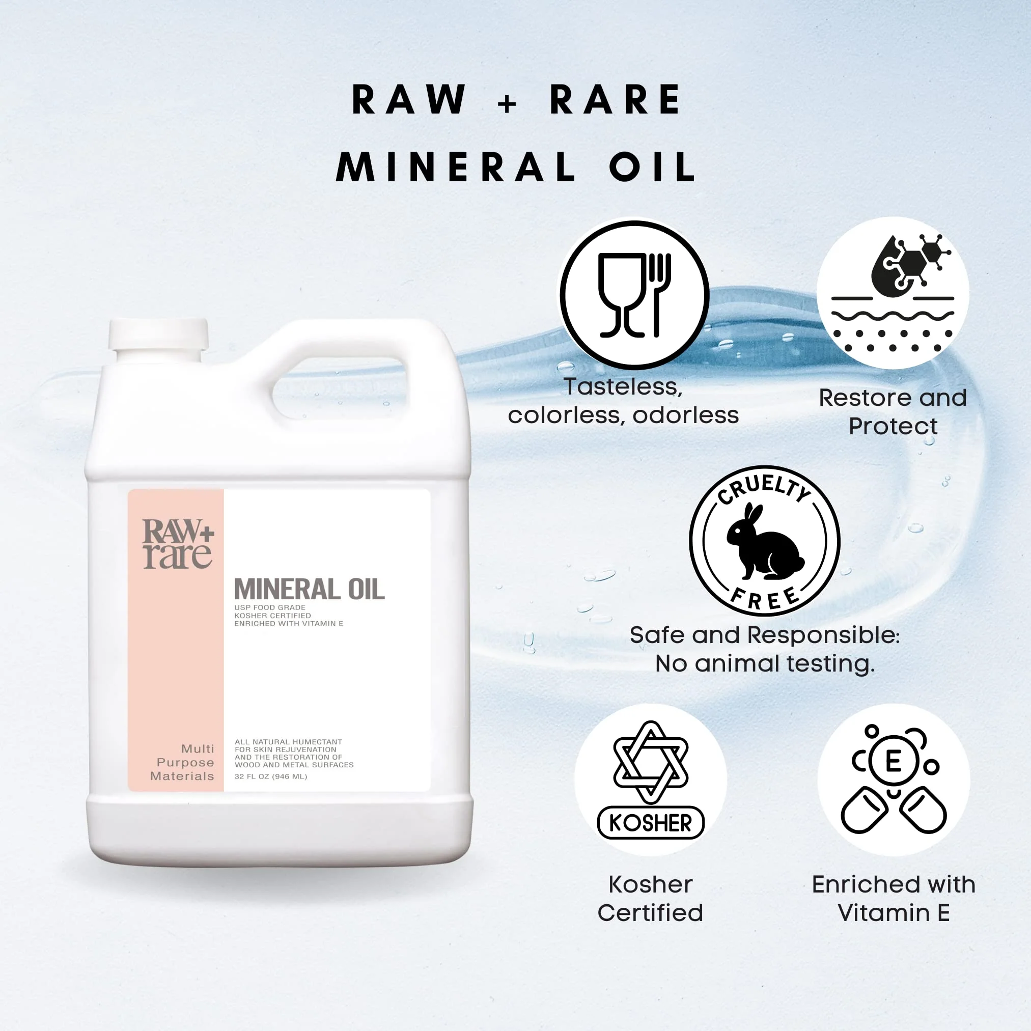 Raw Plus Rare Vegan Food Grade Mineral Oil, Safe for Wood Cutting Board, Butcher Block, Bamboo Cutting Board, and Knife Blade Oil, Cast Iron Tools Conditioner 32 oz - Image 8