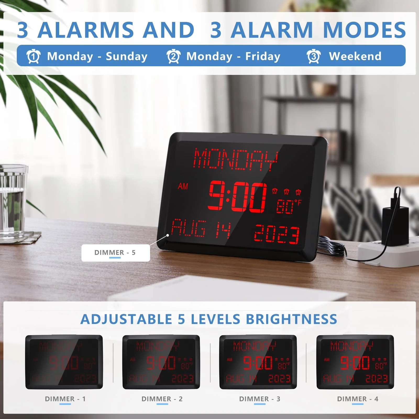 Raynic Digital Clock, 11.5" Large Display Digital Calendar Clock with Day and Date, Indoor Temperature, Adjustable Brightness, Snooze,12/24H, DST for Home, Office, Elderly - Image 5