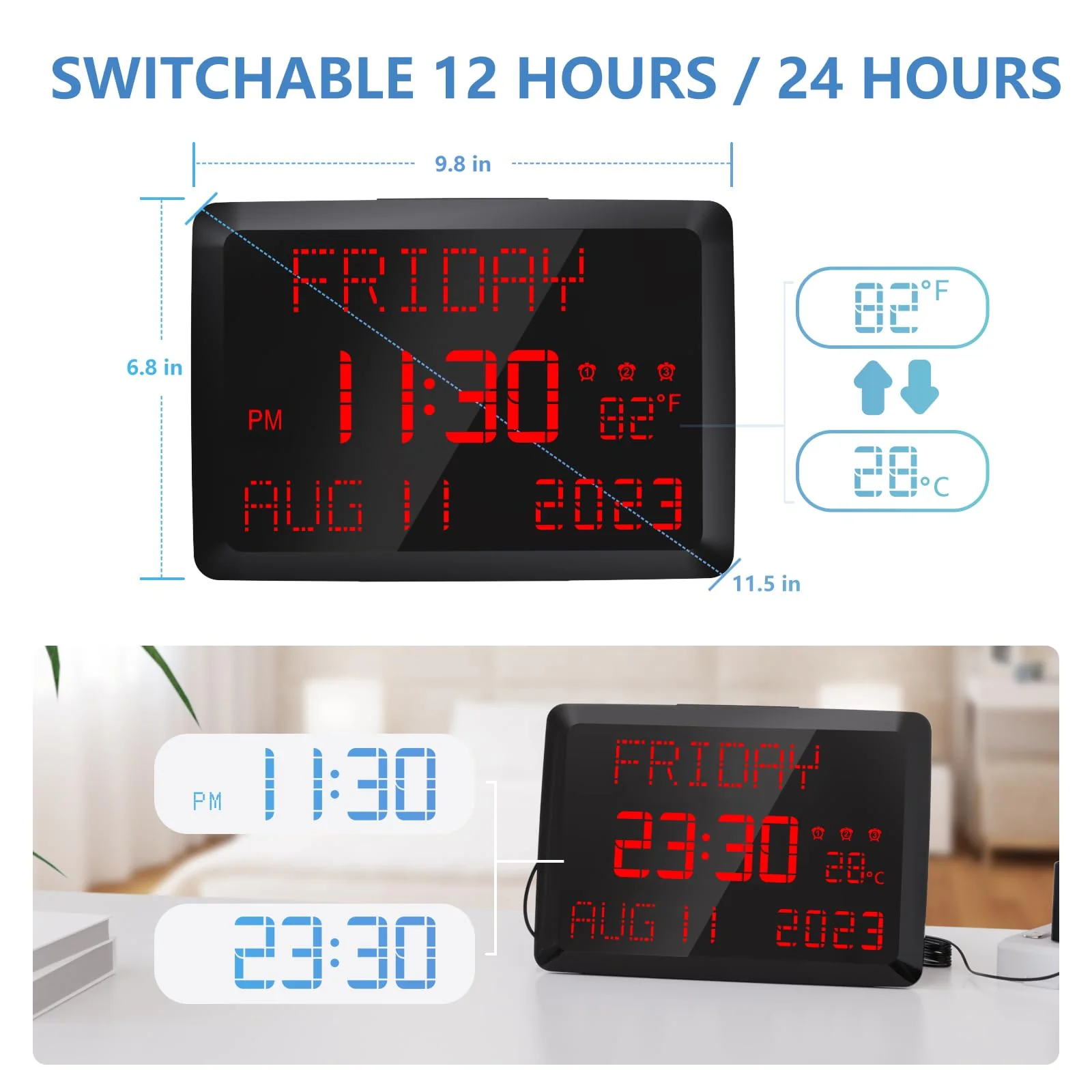 Raynic Digital Clock, 11.5" Large Display Digital Calendar Clock with Day and Date, Indoor Temperature, Adjustable Brightness, Snooze,12/24H, DST for Home, Office, Elderly - Image 6