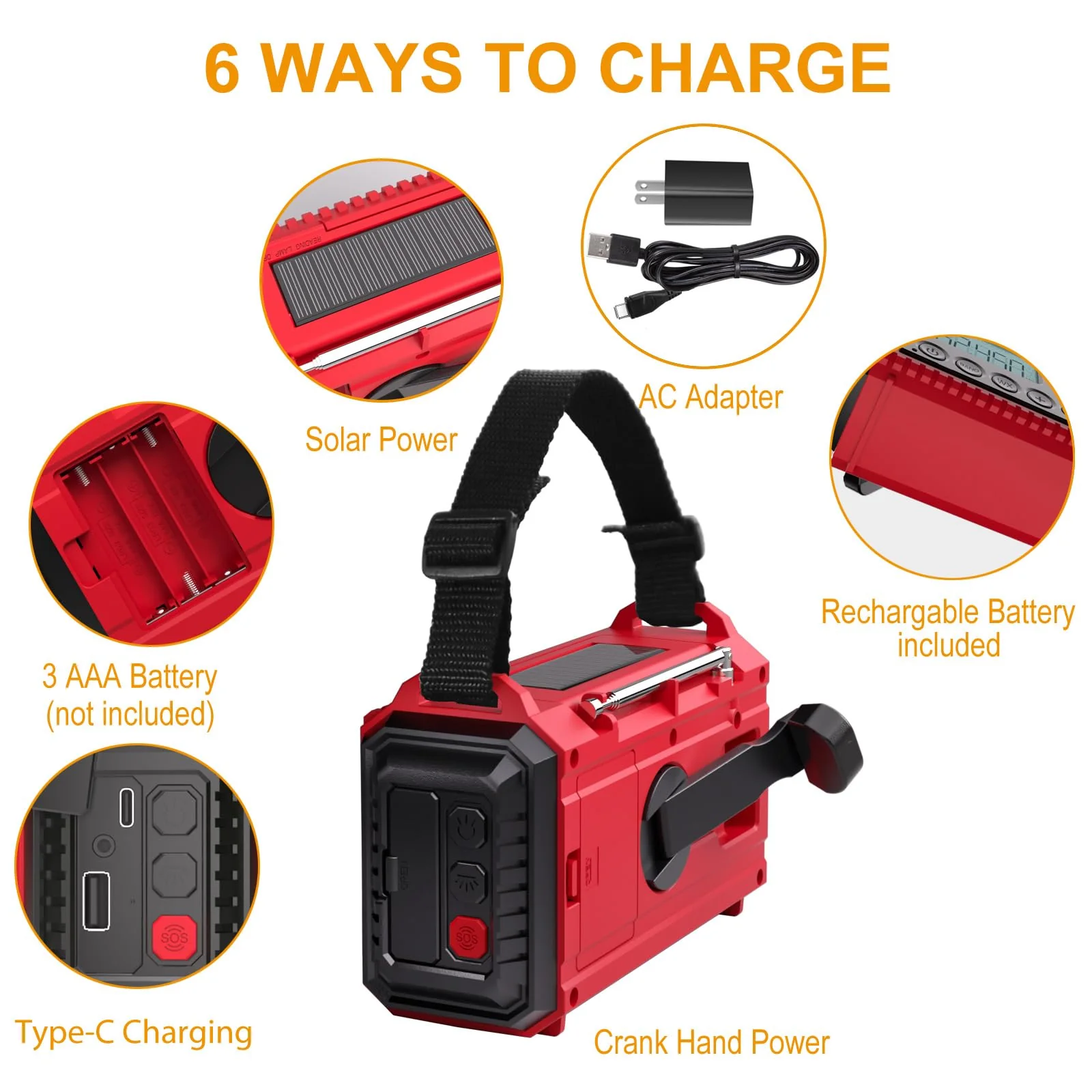 Raynic Emergency Radio, 5000mAh/18500mWh Weather Radio, Solar Hand Crank Emergency Radio with AM/FM/SW/NOAA, Cell Phone Charger, Headphone Jack, Flashlight, Type-C Charging and SOS Siren for Hurricane - Image 5