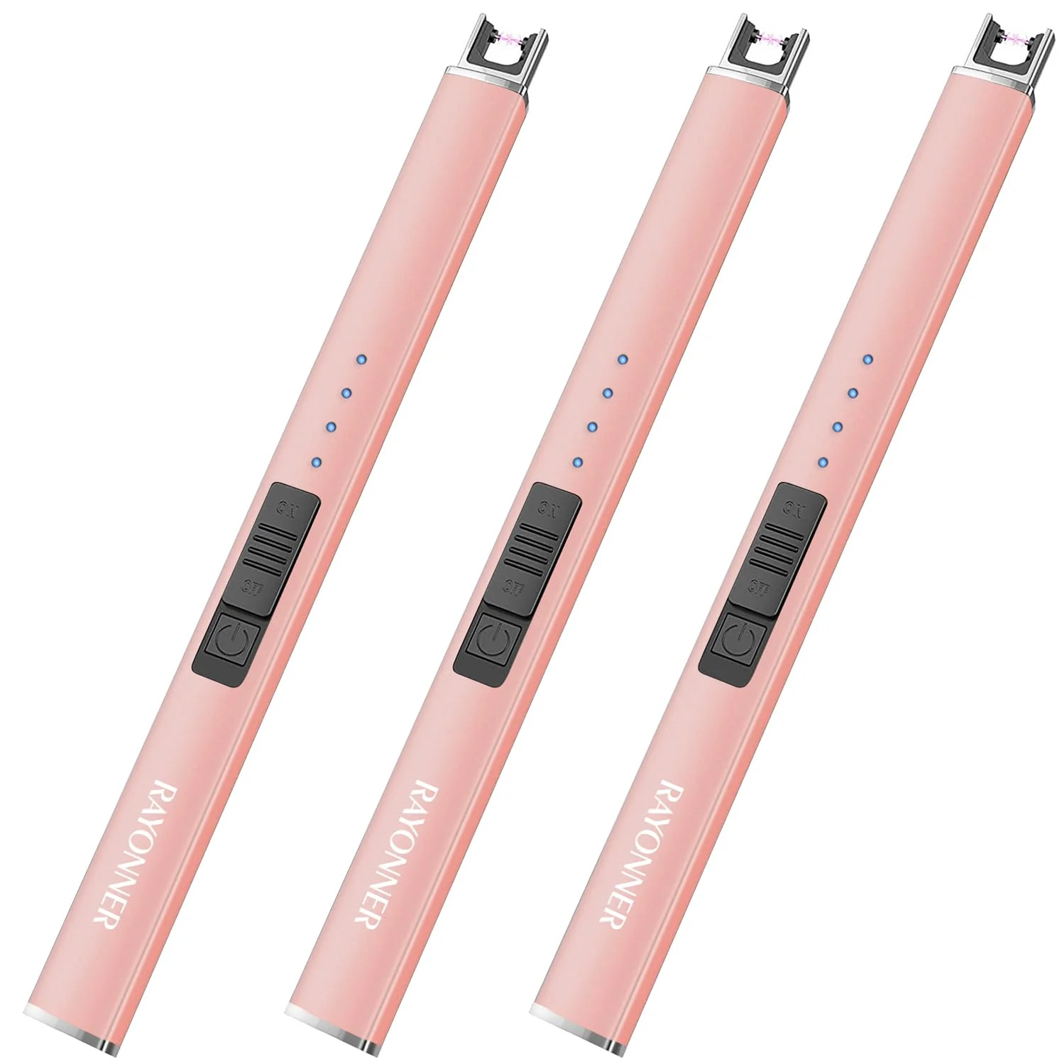 RAYONNER Electric Candle Lighter - USB Rechargeable, Flameless Plasma, Windproof, Pocket Size for Candle, Cooking, BBQ, Firework (Rose Gold, 3 Pack)