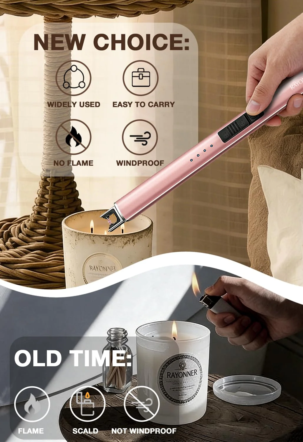 RAYONNER Electric Candle Lighter - USB Rechargeable, Flameless Plasma, Windproof, Pocket Size for Candle, Cooking, BBQ, Firework (Rose Gold, 3 Pack) - Image 6