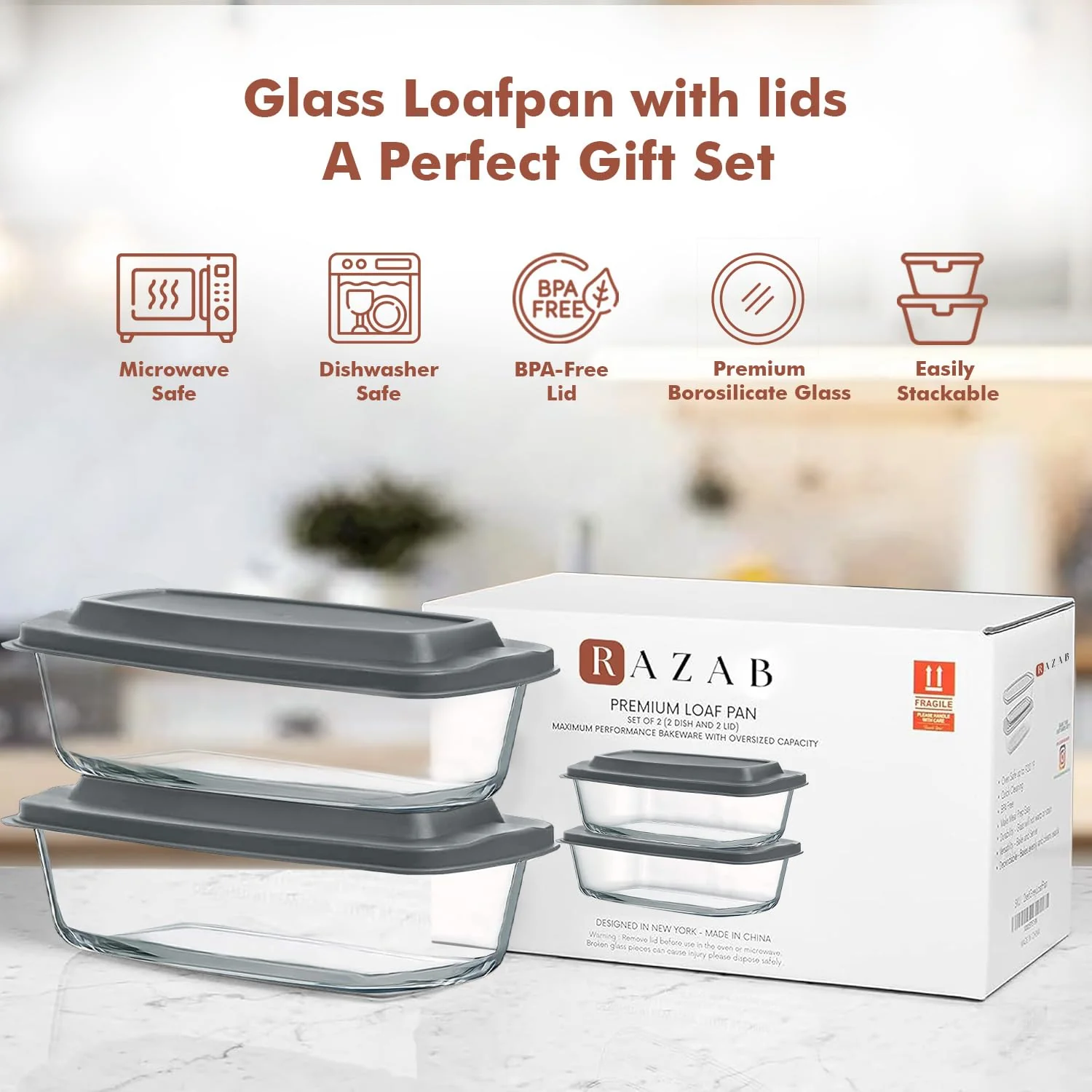Razab LARGE 7.6 Cups/1800 ML/1.9 Qt Glass Loaf Pan with Lids (Set of 2) - Meatloaf Pan BPA free Airtight Lids Grip Handle Easy Carry, Microwave and Oven Safe - Loaf Pans For Baking Bread, Cakes - Image 3