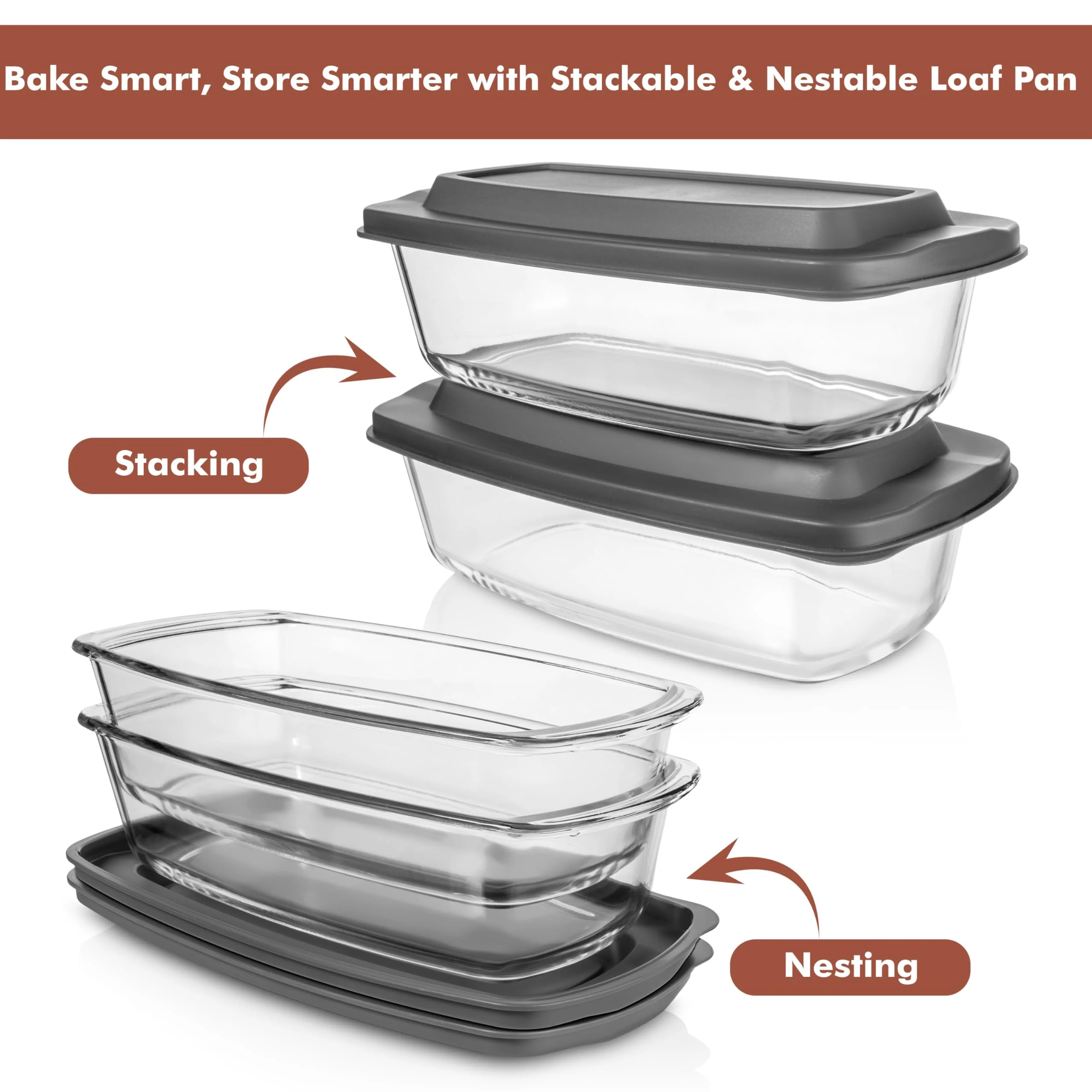 Razab LARGE 7.6 Cups/1800 ML/1.9 Qt Glass Loaf Pan with Lids (Set of 2) - Meatloaf Pan BPA free Airtight Lids Grip Handle Easy Carry, Microwave and Oven Safe - Loaf Pans For Baking Bread, Cakes - Image 6