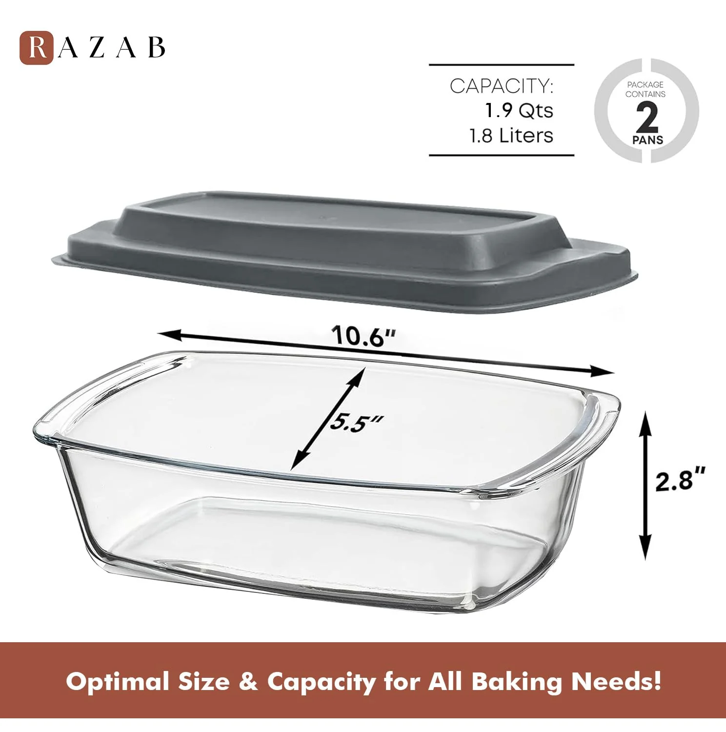 Razab LARGE 7.6 Cups/1800 ML/1.9 Qt Glass Loaf Pan with Lids (Set of 2) - Meatloaf Pan BPA free Airtight Lids Grip Handle Easy Carry, Microwave and Oven Safe - Loaf Pans For Baking Bread, Cakes - Image 7
