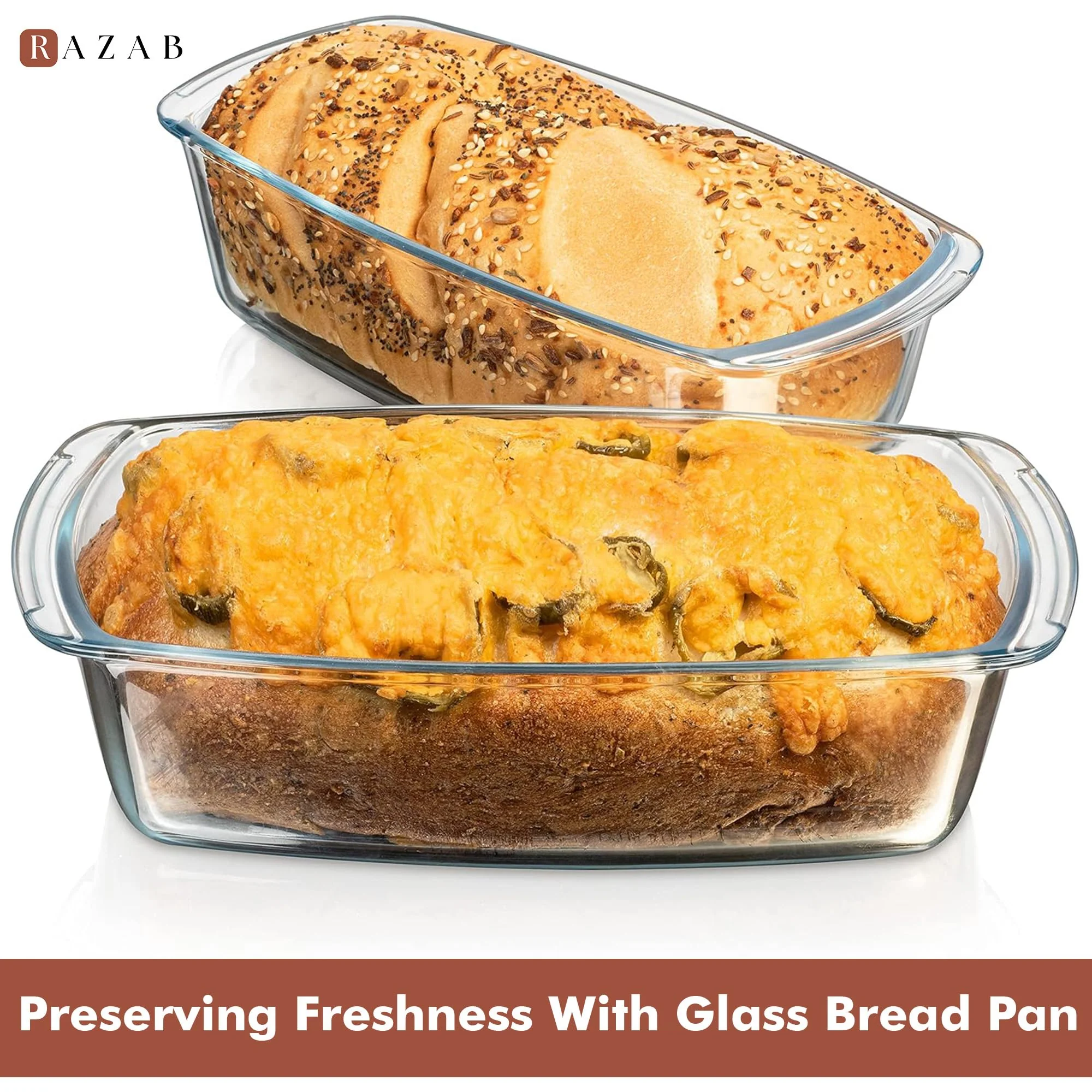 Razab LARGE 7.6 Cups/1800 ML/1.9 Qt Glass Loaf Pan with Lids (Set of 2) - Meatloaf Pan BPA free Airtight Lids Grip Handle Easy Carry, Microwave and Oven Safe - Loaf Pans For Baking Bread, Cakes - Image 8
