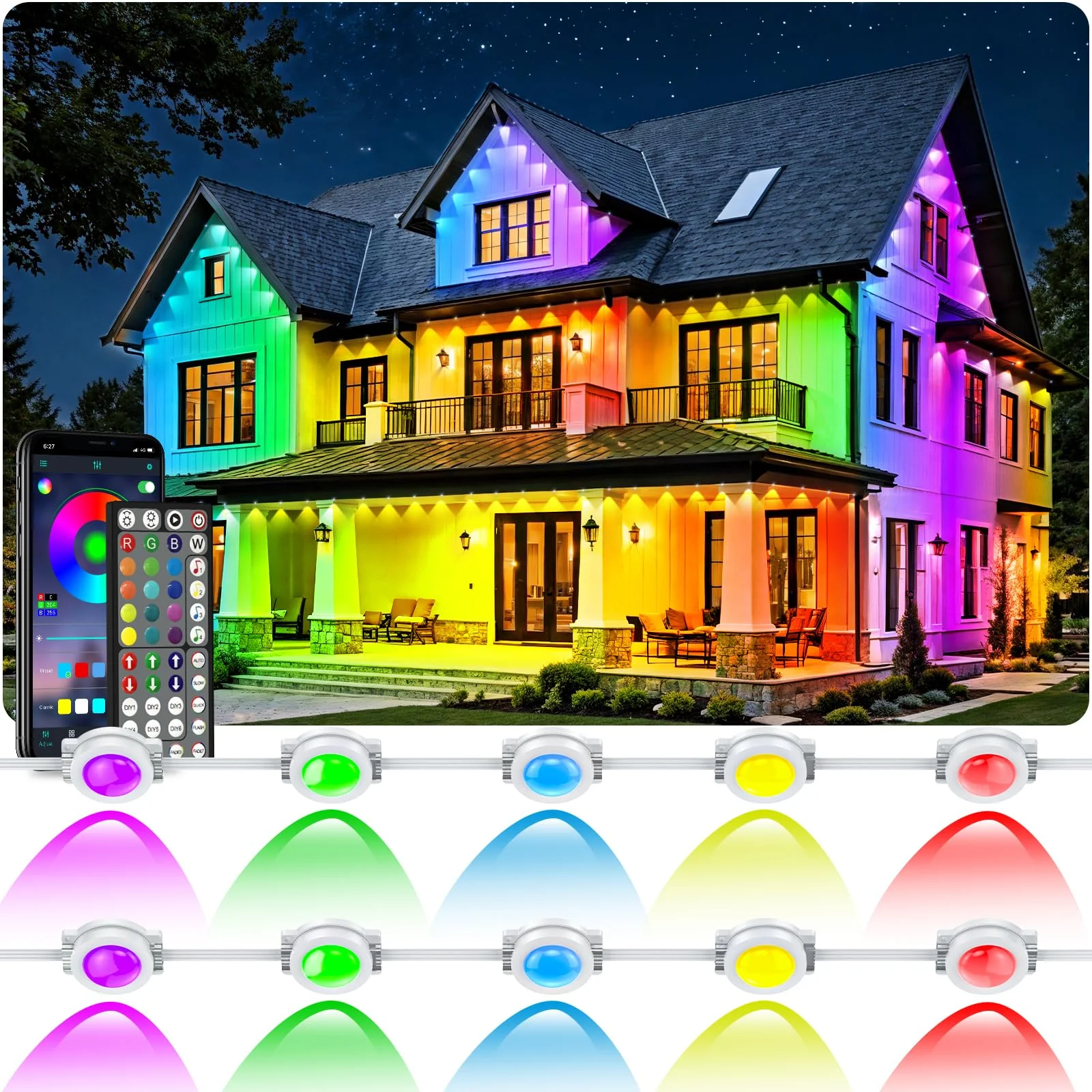 RCUICA 500FT Permanent Outdoor Lights Waterproof with Smart App Control Remote,DIY Scene Modes,Music Sync hronization,Eaves Lights for Garden Decor,Deck,Christmas