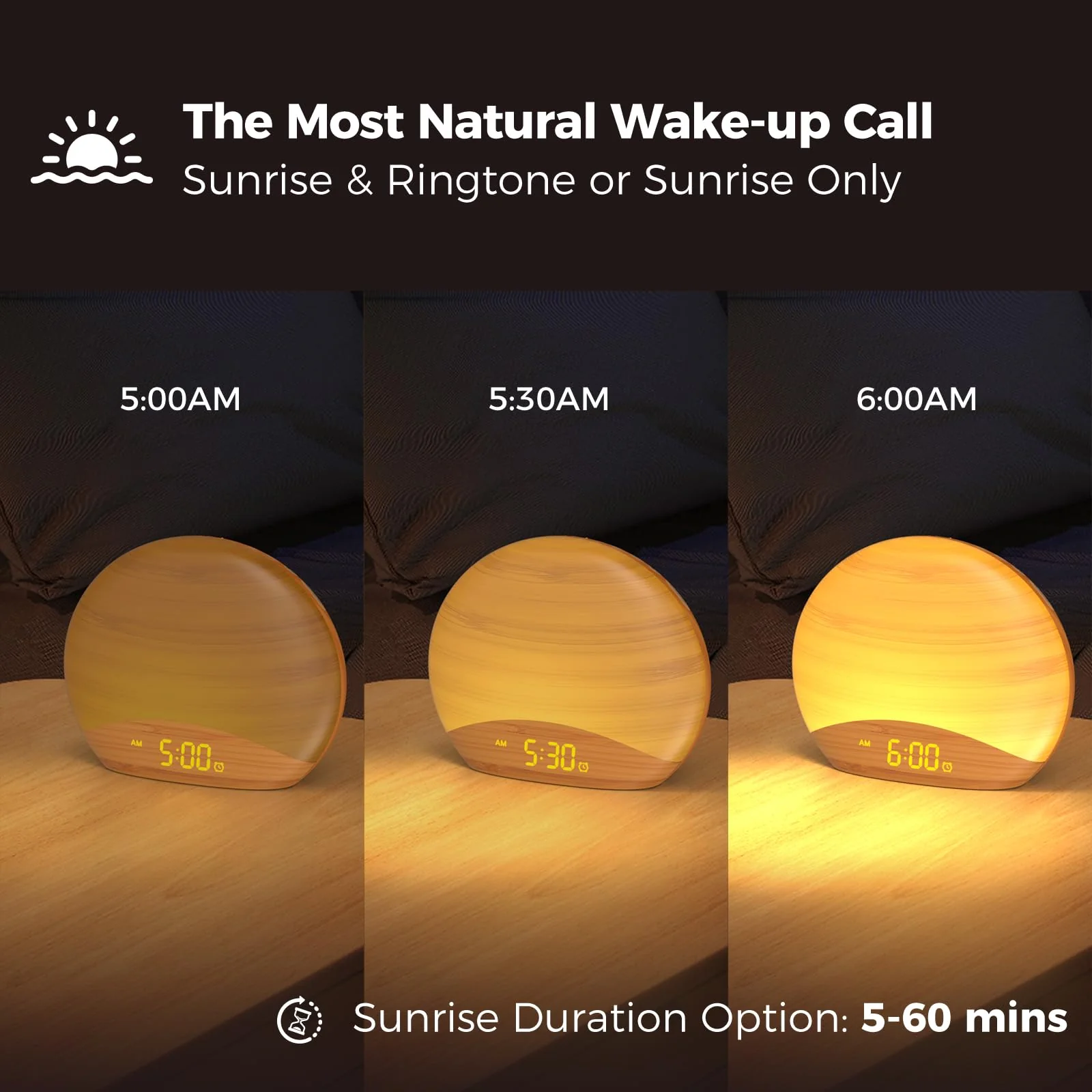 REACHER Natural Wood Grain Sound Machine Sunrise Alarm Clock,26 Nature Inspired Sleeping Sounds, 0-100% Dimmable Clock, Night Light,Brown/Pink/White Noise Sound Machine for Babys, Kids, Adults - Image 2
