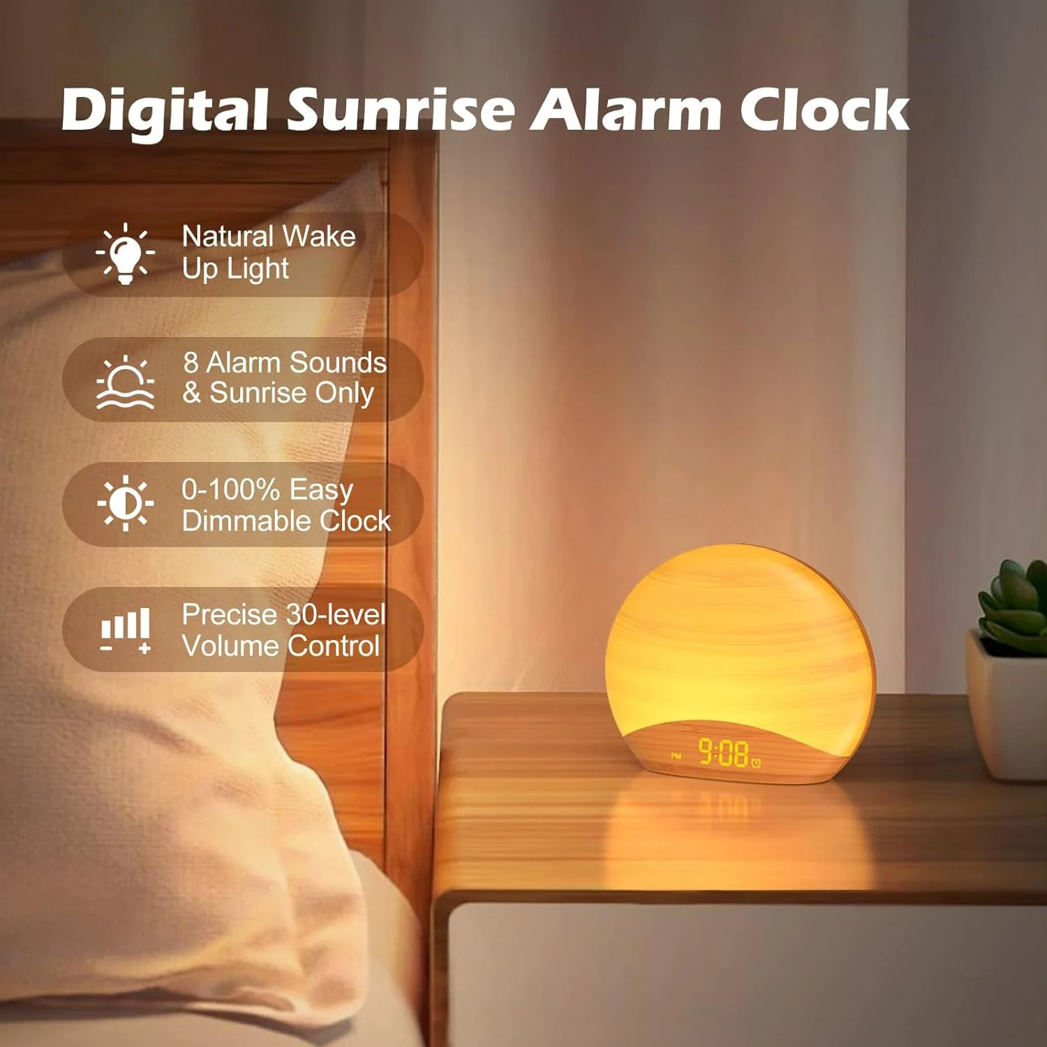 REACHER Natural Wood Grain Sound Machine Sunrise Alarm Clock,26 Nature Inspired Sleeping Sounds, 0-100% Dimmable Clock, Night Light,Brown/Pink/White Noise Sound Machine for Babys, Kids, Adults - Image 3