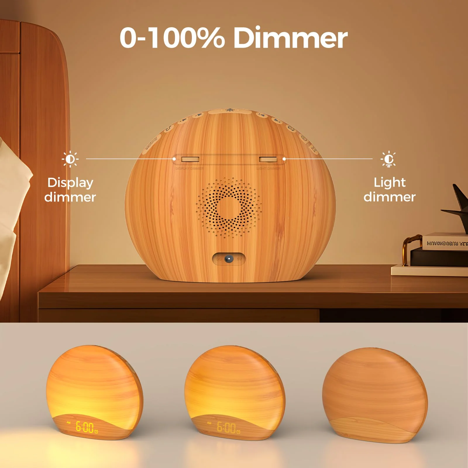 REACHER Natural Wood Grain Sound Machine Sunrise Alarm Clock,26 Nature Inspired Sleeping Sounds, 0-100% Dimmable Clock, Night Light,Brown/Pink/White Noise Sound Machine for Babys, Kids, Adults - Image 5