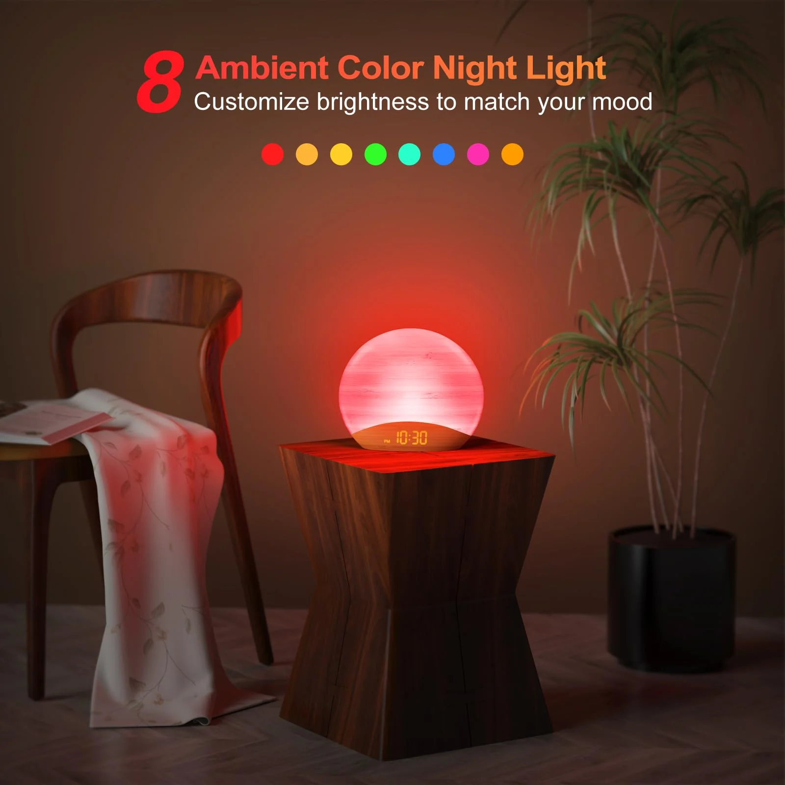 REACHER Natural Wood Grain Sound Machine Sunrise Alarm Clock,26 Nature Inspired Sleeping Sounds, 0-100% Dimmable Clock, Night Light,Brown/Pink/White Noise Sound Machine for Babys, Kids, Adults - Image 6
