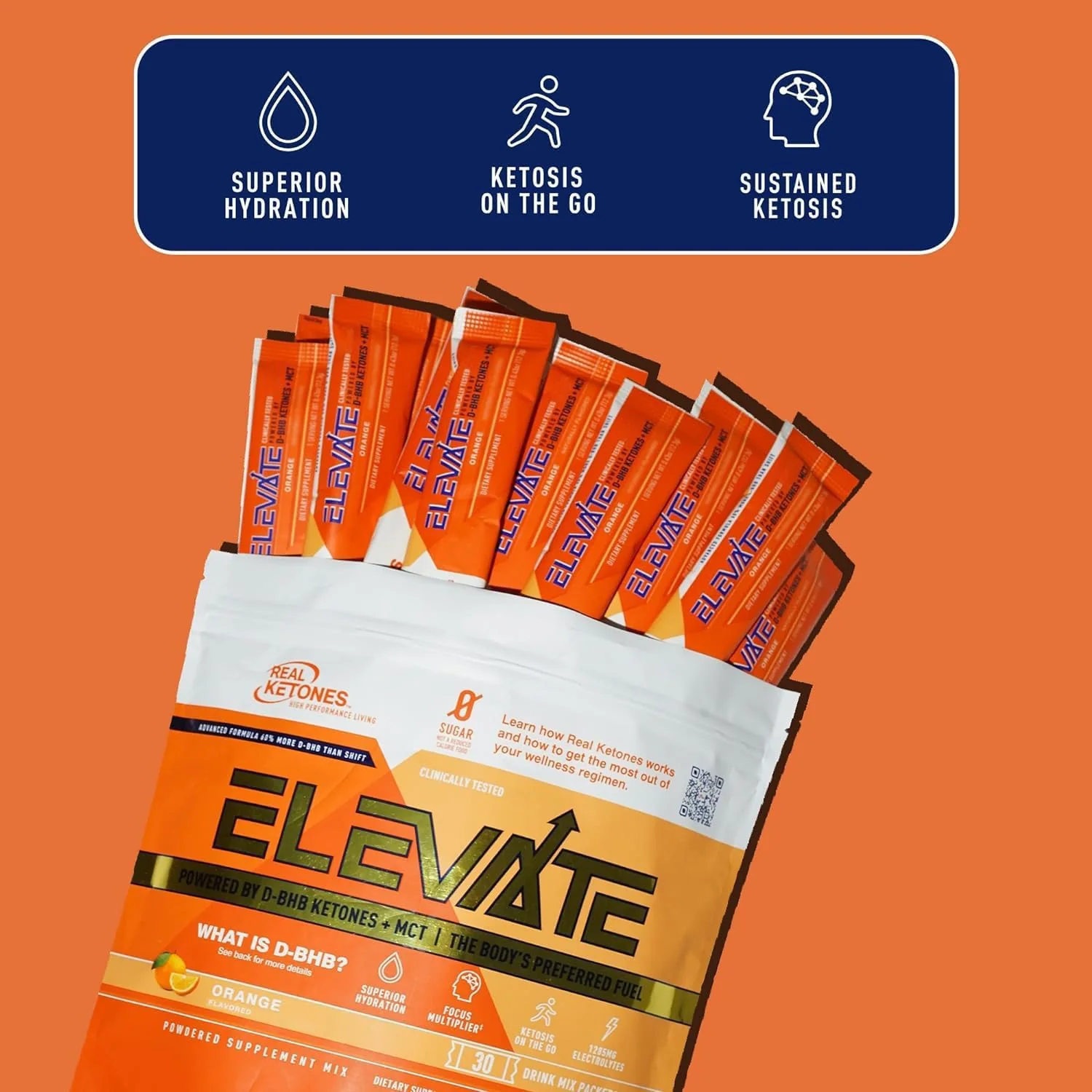 Real Ketones MCT & BHB Exogenous Ketones Drink Mix Packets Elevate Keto Electrolytes Powder Packets No Sugar with 4 Main Electrolytes Plus Hydrating Proprietary Keto BHB - 30 Pack Orange - Image 6