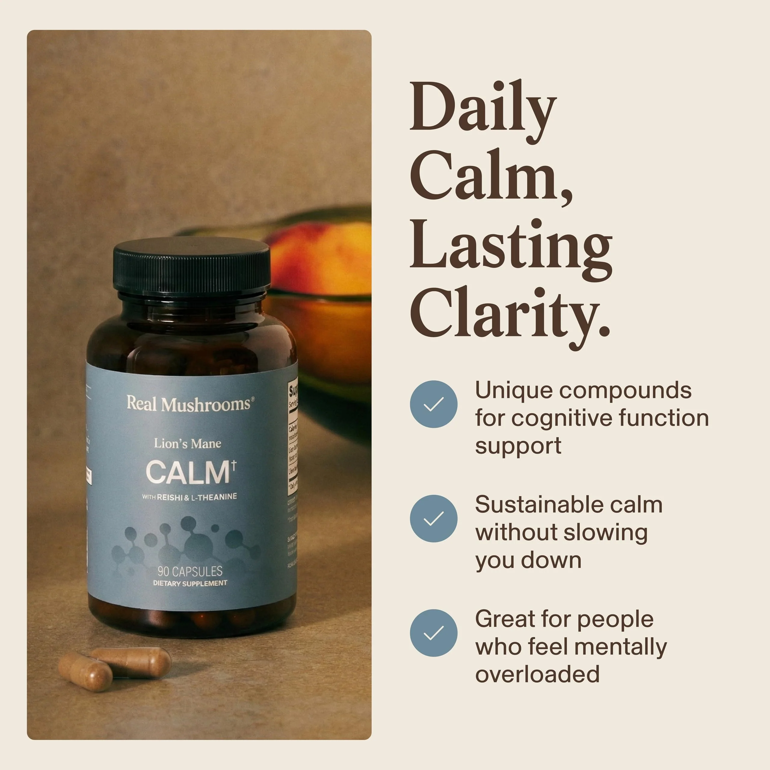Real Muhsrooms Calm Lions Mane Capsules (90 Count) – 400mg Organic Lions Mane Fruiting Body Extracts, 200mg Organic Reishi, 200mg AlphaWave L-Theanine for Calm Clarity & Relaxed Alertness, 90ct - Image 5