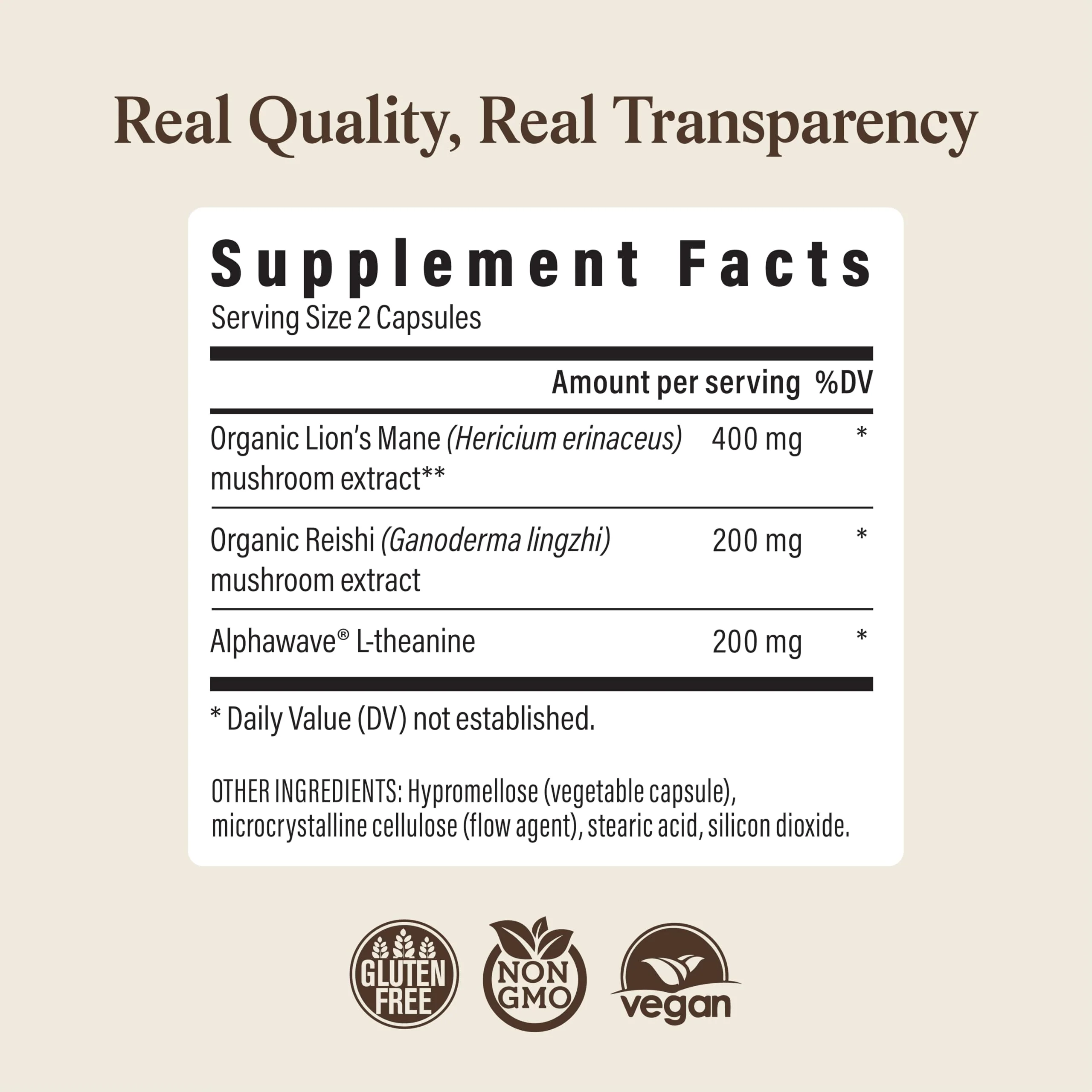Real Muhsrooms Calm Lions Mane Capsules (90 Count) – 400mg Organic Lions Mane Fruiting Body Extracts, 200mg Organic Reishi, 200mg AlphaWave L-Theanine for Calm Clarity & Relaxed Alertness, 90ct - Image 9