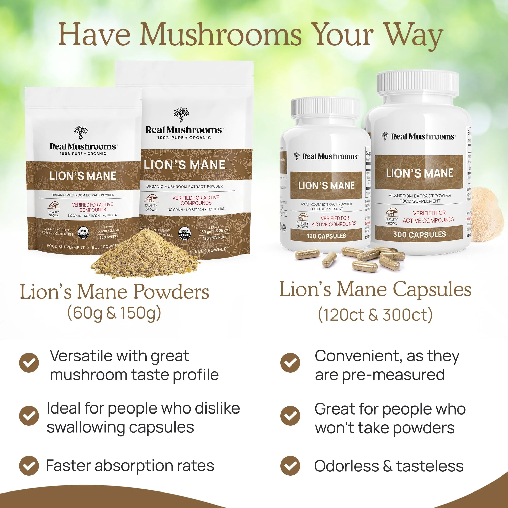 Real Mushrooms Lion’s Mane Capsules - Organic Lions Mane Mushroom Extract for Cognitive Function & Immune Support - Brain Supplements for Memory and Focus - Vegan Mushroom Supplement, 300 Caps - Image 3