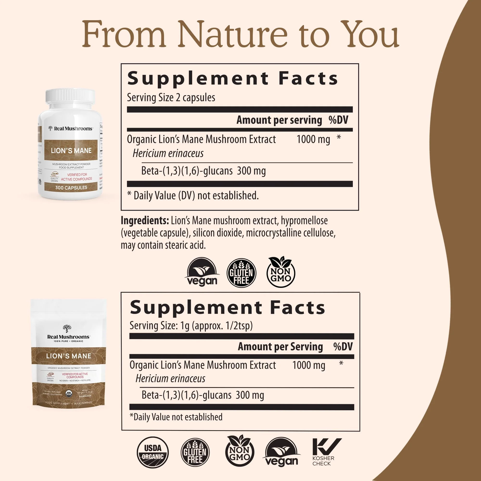 Real Mushrooms Lion’s Mane Capsules - Organic Lions Mane Mushroom Extract for Cognitive Function & Immune Support - Brain Supplements for Memory and Focus - Vegan Mushroom Supplement, 300 Caps - Image 7