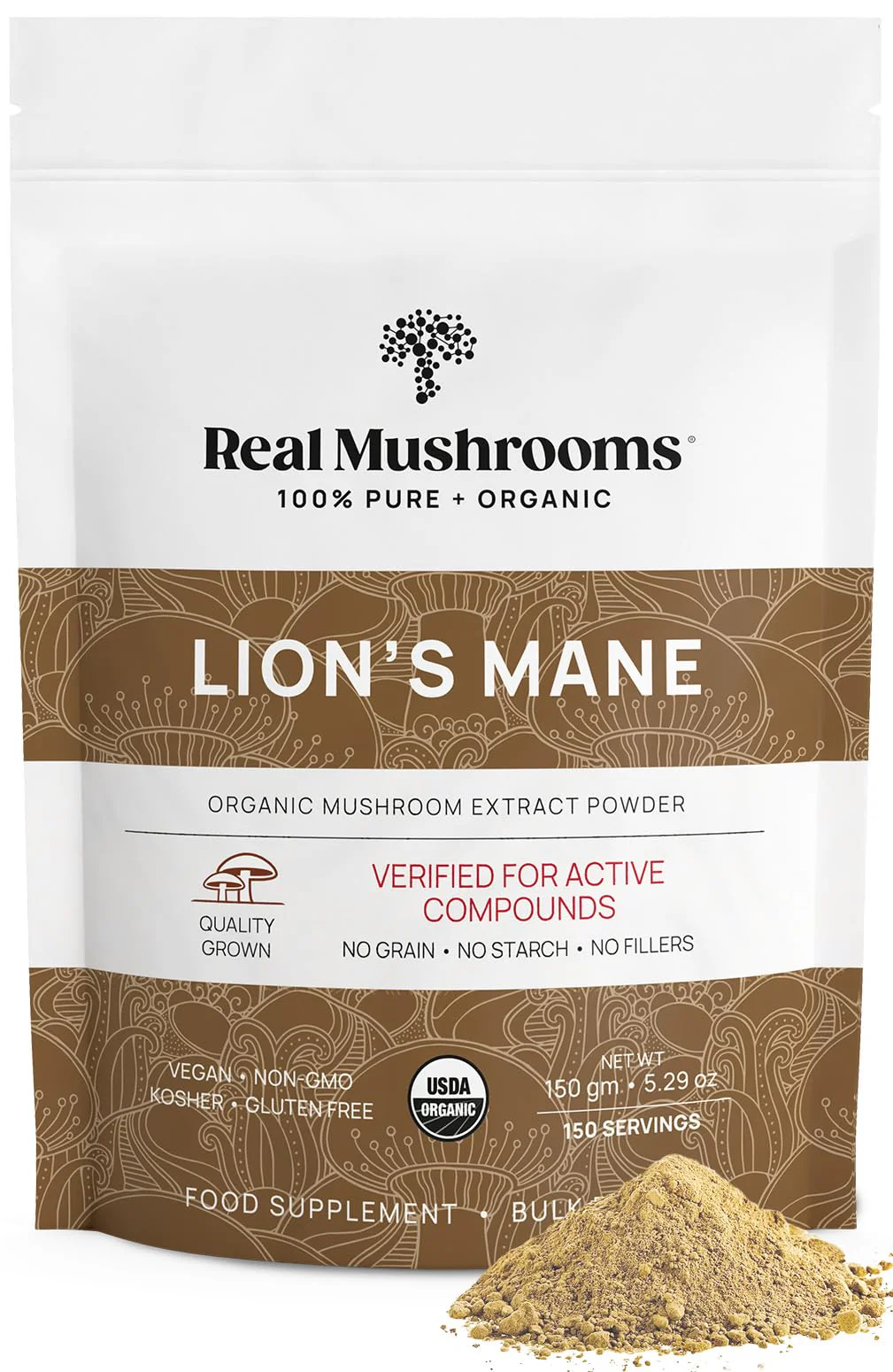 Real Mushrooms Lion’s Mane Powder - Organic Lions Mane Mushroom Extract for Cognitive Function & Immune Support - Brain Supplements for Memory and Focus - Vegan Mushroom Supplement, 150 Servings
