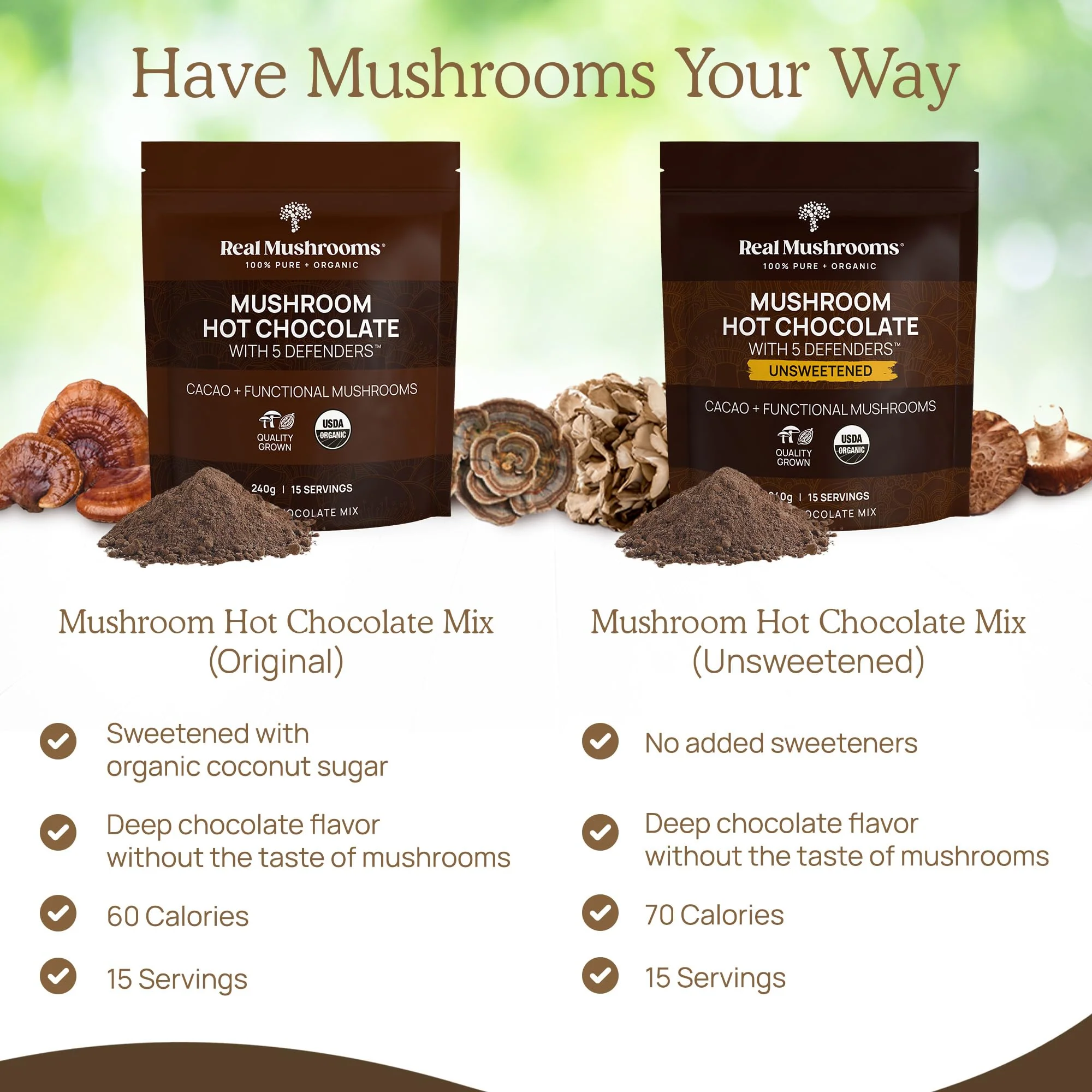 Real Mushrooms Unsweetened Hot Chocolate Mix with 5 Defenders – Reishi, Chaga, Turkey Tail, Maitake, Shiitake – Coco Powdered Unsweetened – Organic Cacao Powder Supplement, Vegan, 15 Servings - Image 3