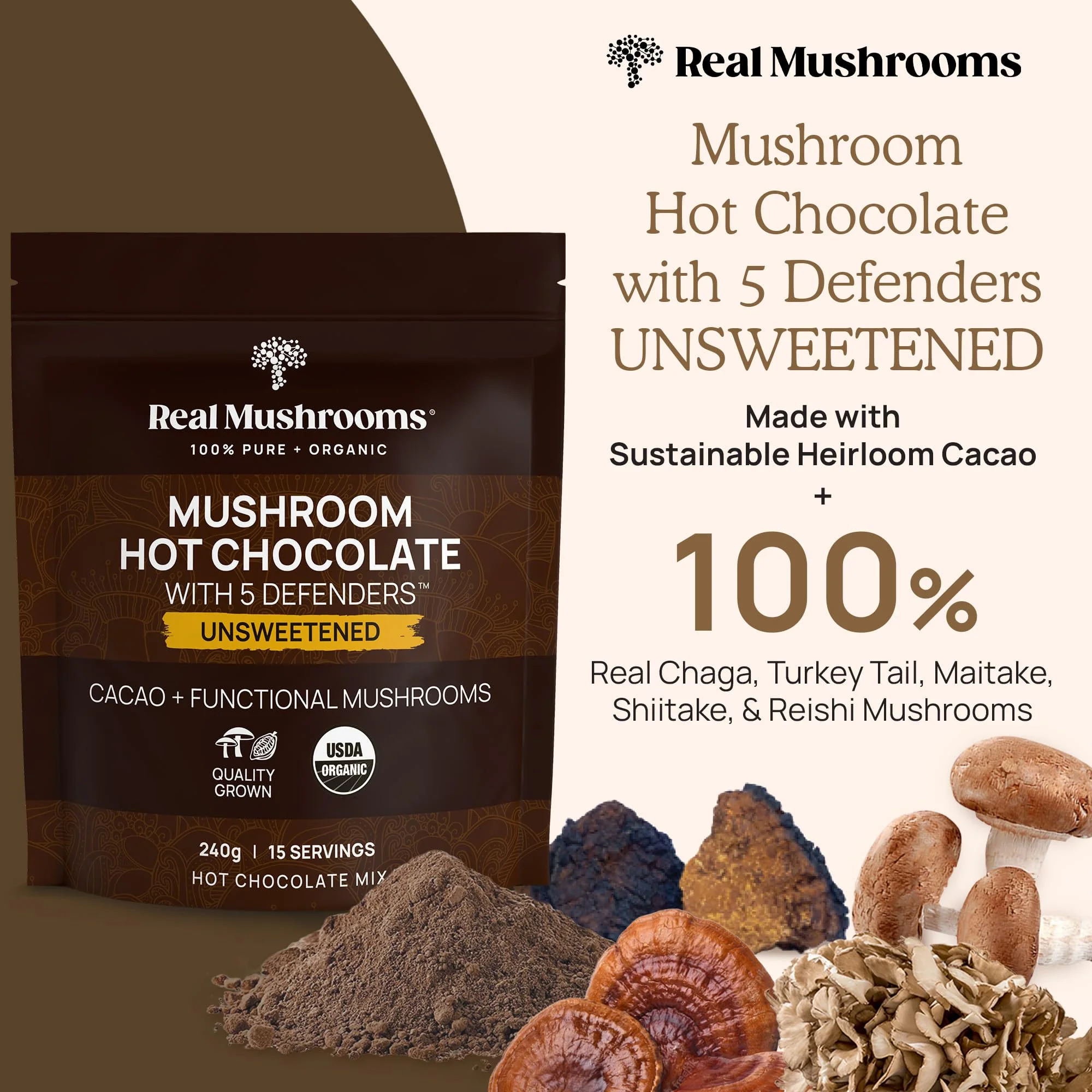 Real Mushrooms Unsweetened Hot Chocolate Mix with 5 Defenders – Reishi, Chaga, Turkey Tail, Maitake, Shiitake – Coco Powdered Unsweetened – Organic Cacao Powder Supplement, Vegan, 15 Servings - Image 8