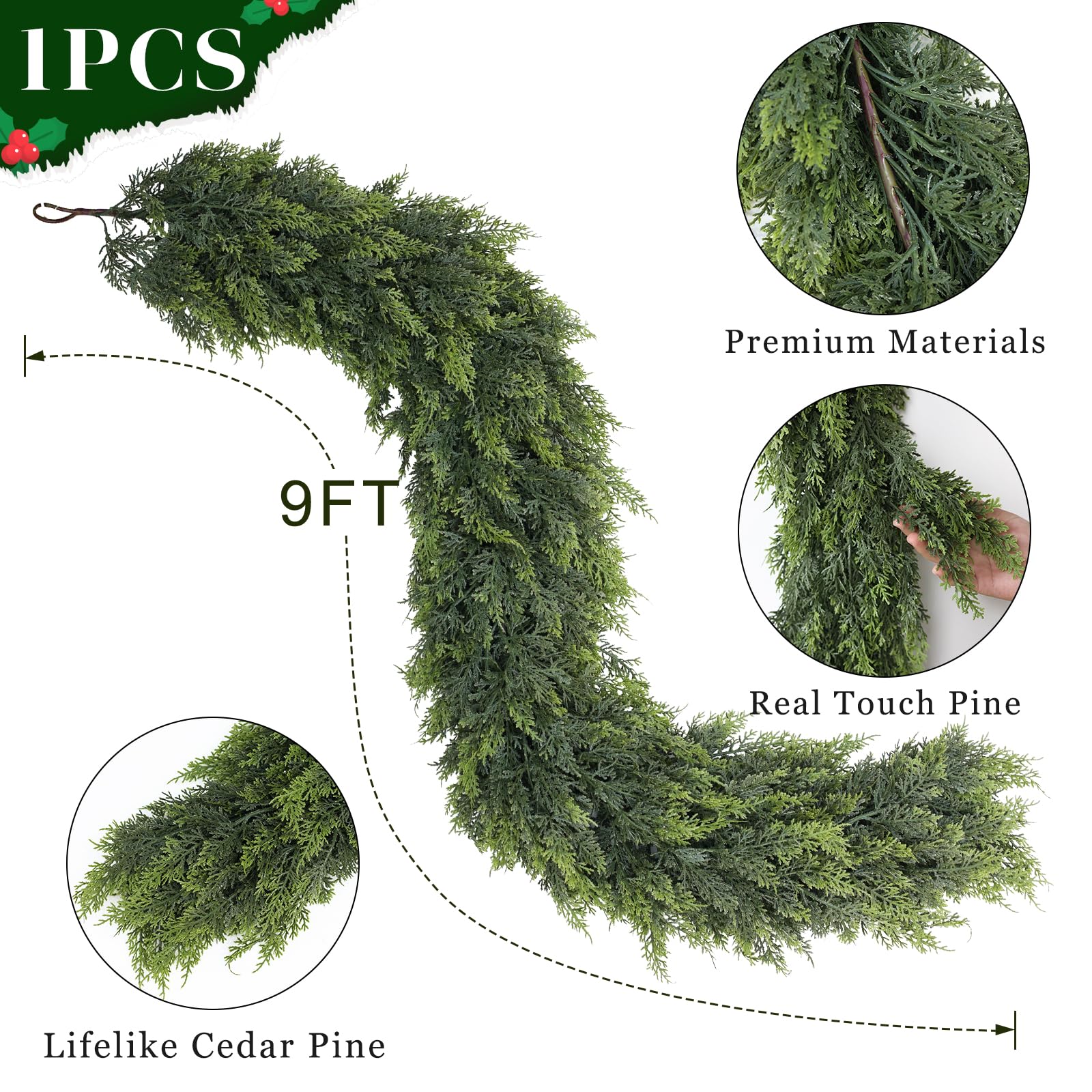 Real Touch Cedar Garland - Artificial Christmas Garlands Faux Green Cedar Fake Pine Needles Garland for Fireplace,Table, Stairs, Mantle, Window,Indoor Outdoor,Home,Holiday Decor(1 PCS,9 FT) - Image 6
