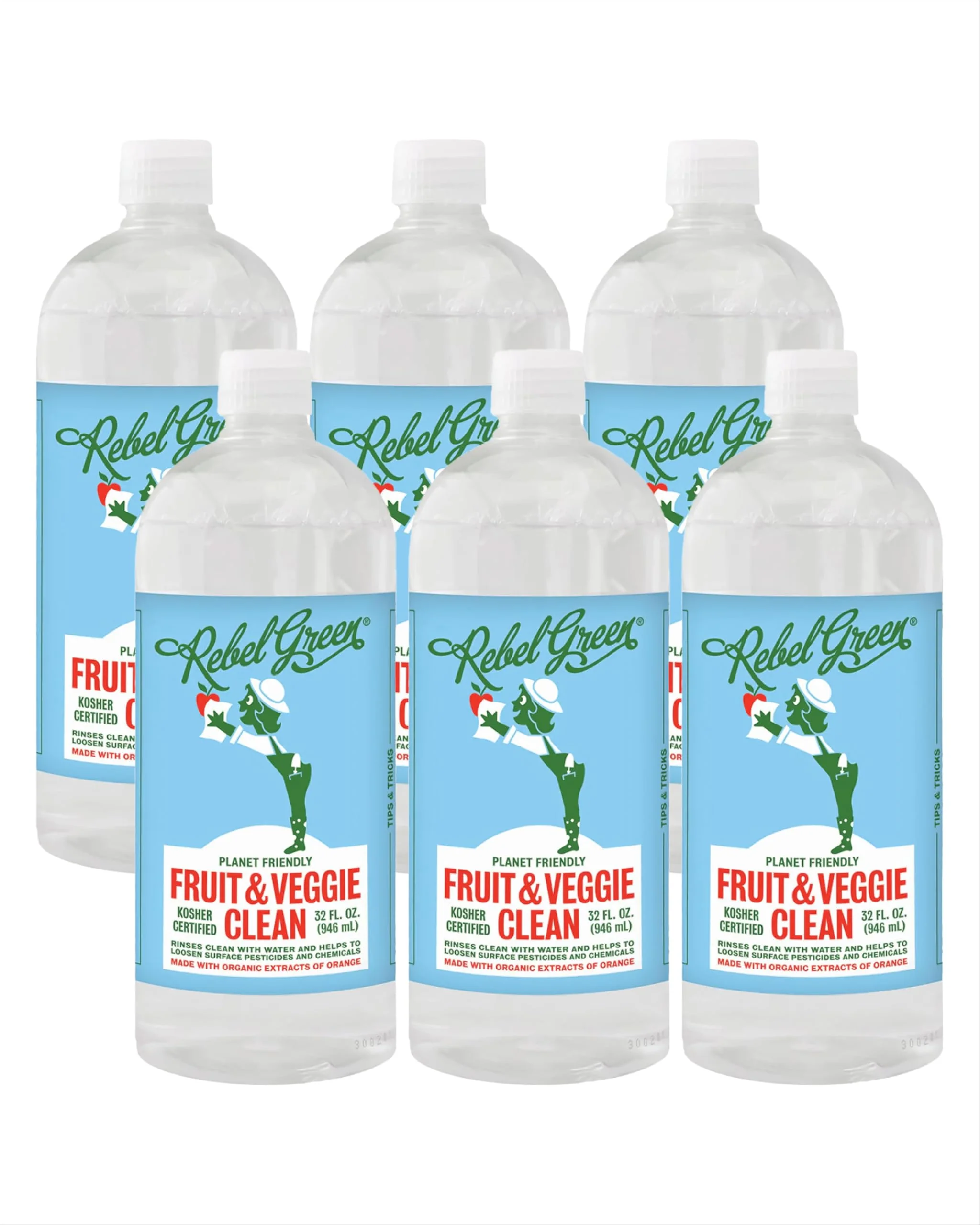 Rebel Green Fruit & Veggie Wash - Natural Produce Wash - Plant-Based Vegetable Wash Spray - Fruit and Vegetable Wash with No Aftertaste - Sustainable Food Wash - (34 oz Refill Bottles, 6 Pack)
