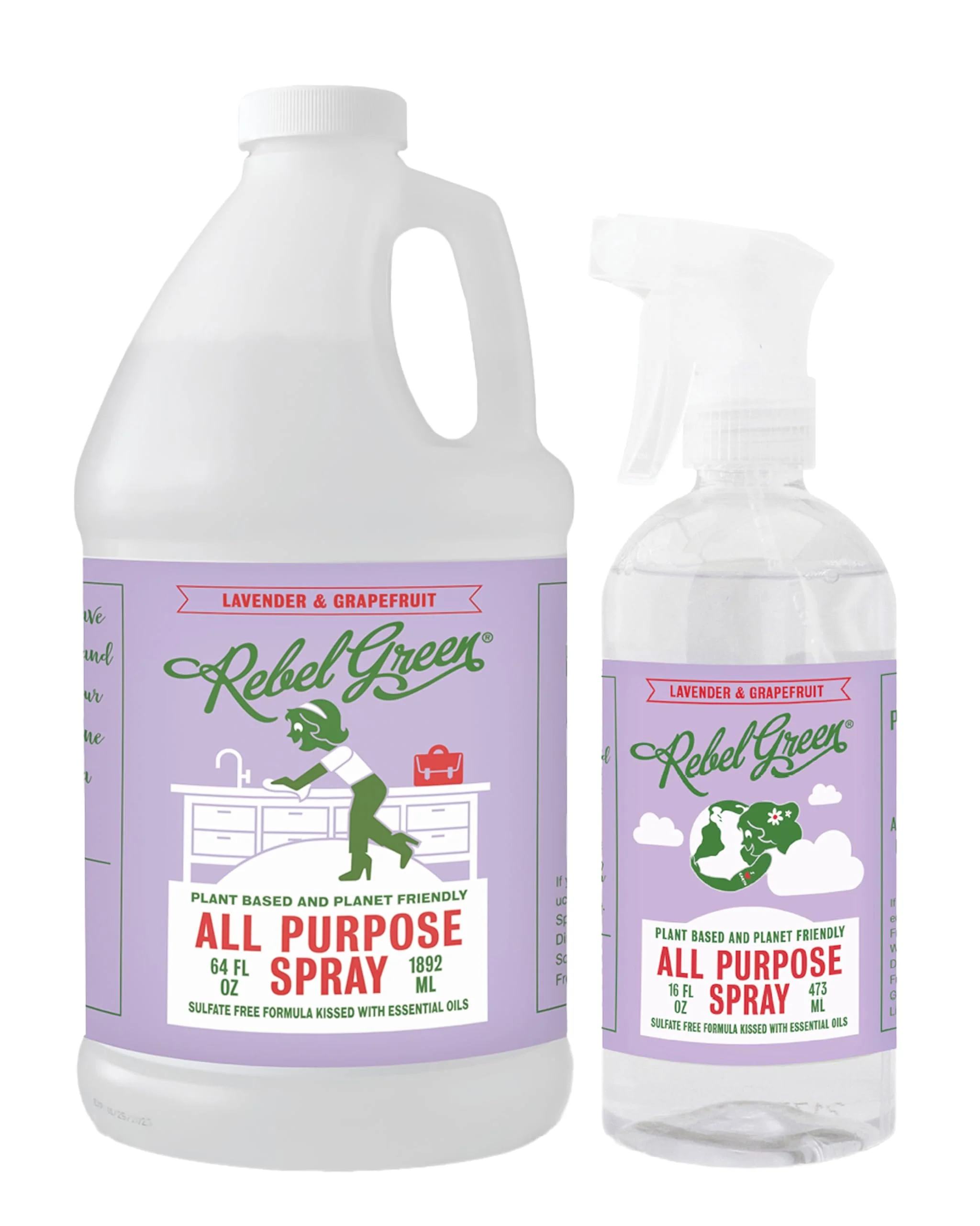 Rebel Green Natural 16 oz All-Purpose Cleaning Spray with 64 oz Refill Bottle - Plant-Based Multi-Surface Cleaner for Kitchen, Bath, Countertops and More - Lavender & Grapefruit Scent