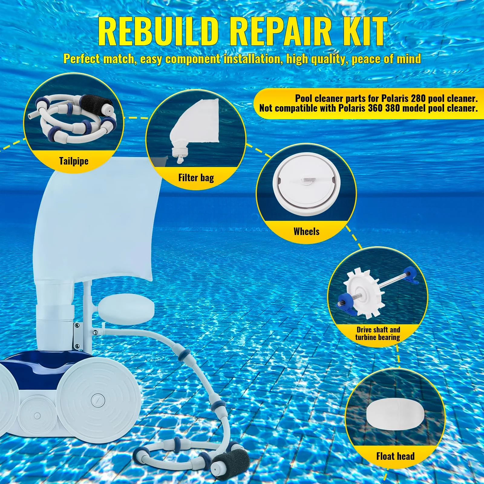 Rebuild Repair Kit Replacement for Polaris Zodiac Automatic Pool Cleaner 280 with Wheel, Tire, Drive Shaft, Turbine Bearing, All Purpoe Bag, Sweep Hose, Wheel Bearing, Tailsweep Pro - Image 7