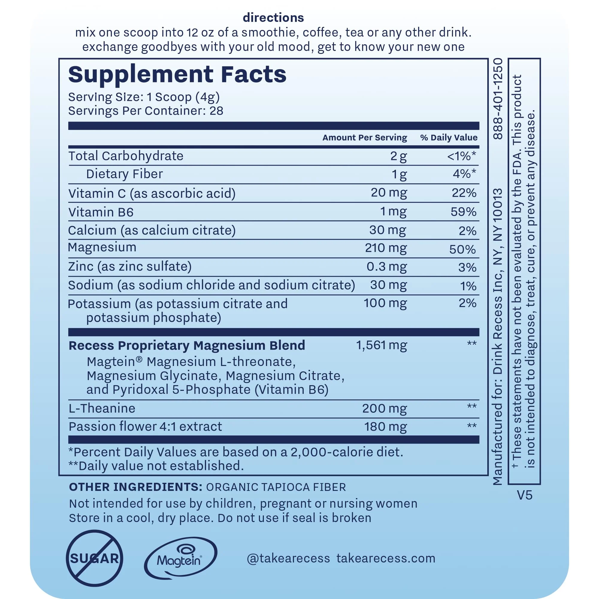 Recess Mood Powder, Calming Magnesium L-Threonate Blend with Passion Flower, L-Theanine, Electrolytes, Magnesium Calm Support Powder Supplement - Unflavored 28 Serving Tub - Image 3