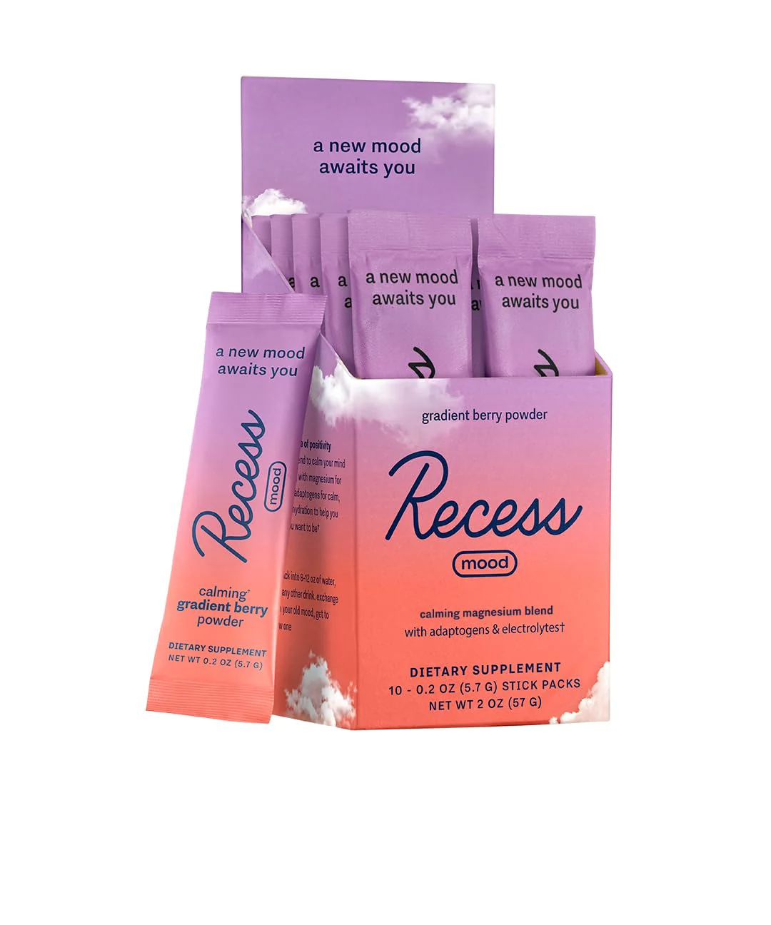Recess Mood Powder, Calming Magnesium L-Threonate Blend with Passion Flower, L-Theanine, Electrolytes, Magnesium Calm Support Supplement - Gradient Berry Pack of 10