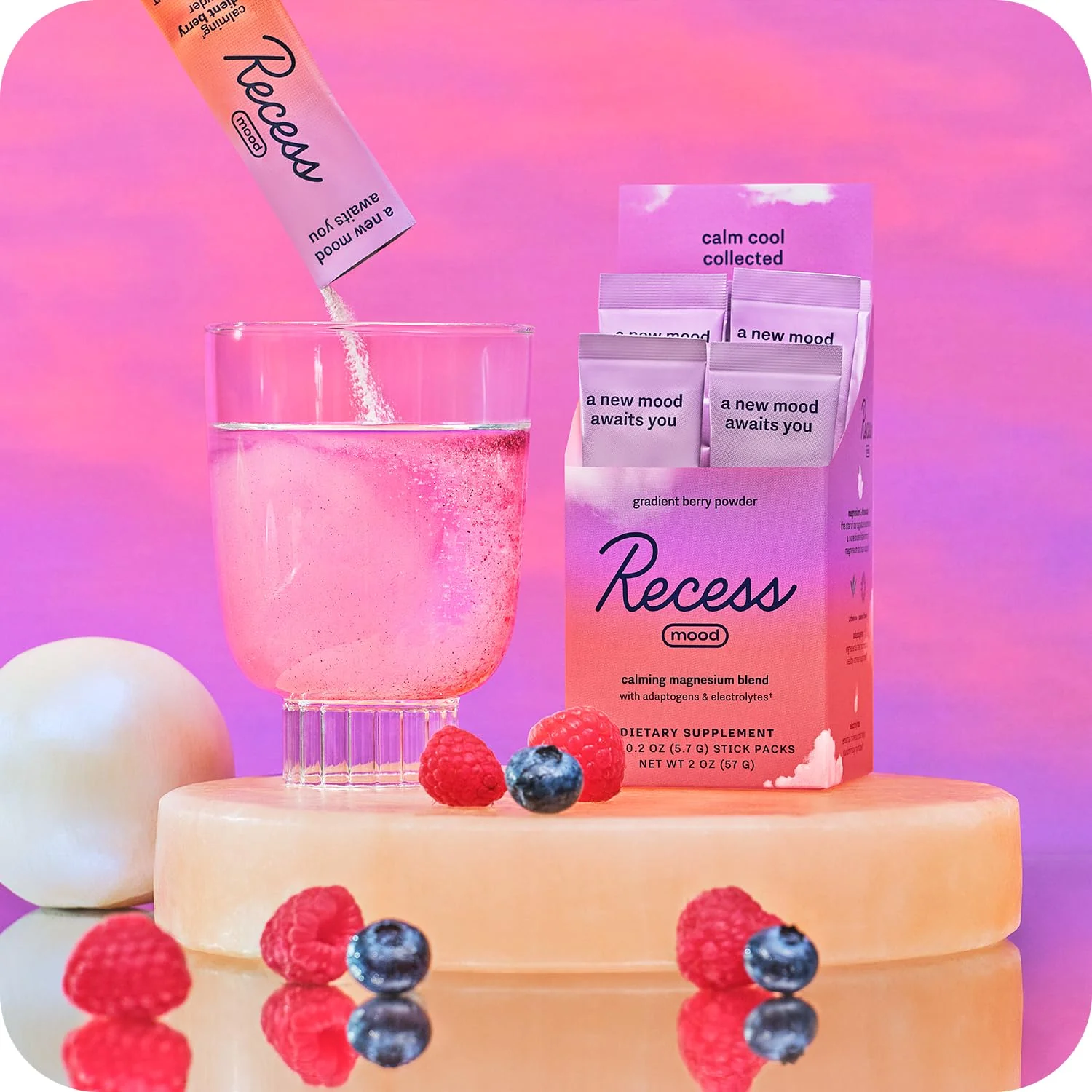 Recess Mood Powder, Calming Magnesium L-Threonate Blend with Passion Flower, L-Theanine, Electrolytes, Magnesium Calm Support Supplement - Gradient Berry Pack of 10 - Image 2