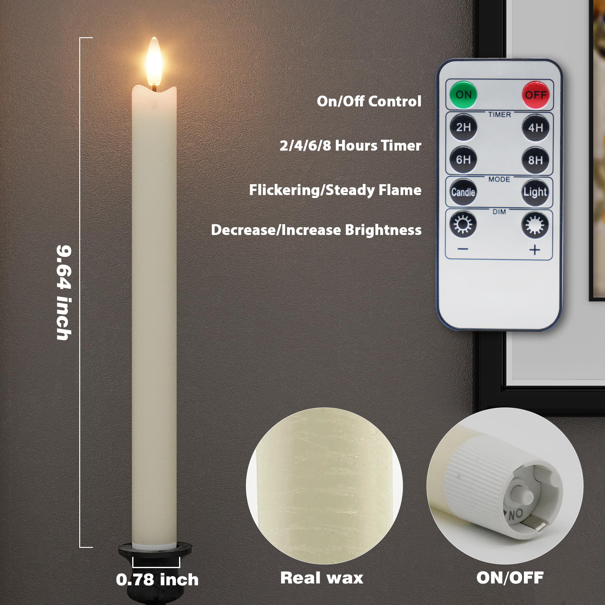 Rechargeable Flameless Taper Candles with Charging Station, 6 Pcs Real Wax LED Taper Candles Flickering with Remote&Timer, 3D Flame Battery Candlesticks for Home Wedding Christmas Decor (Ivory) - Image 3