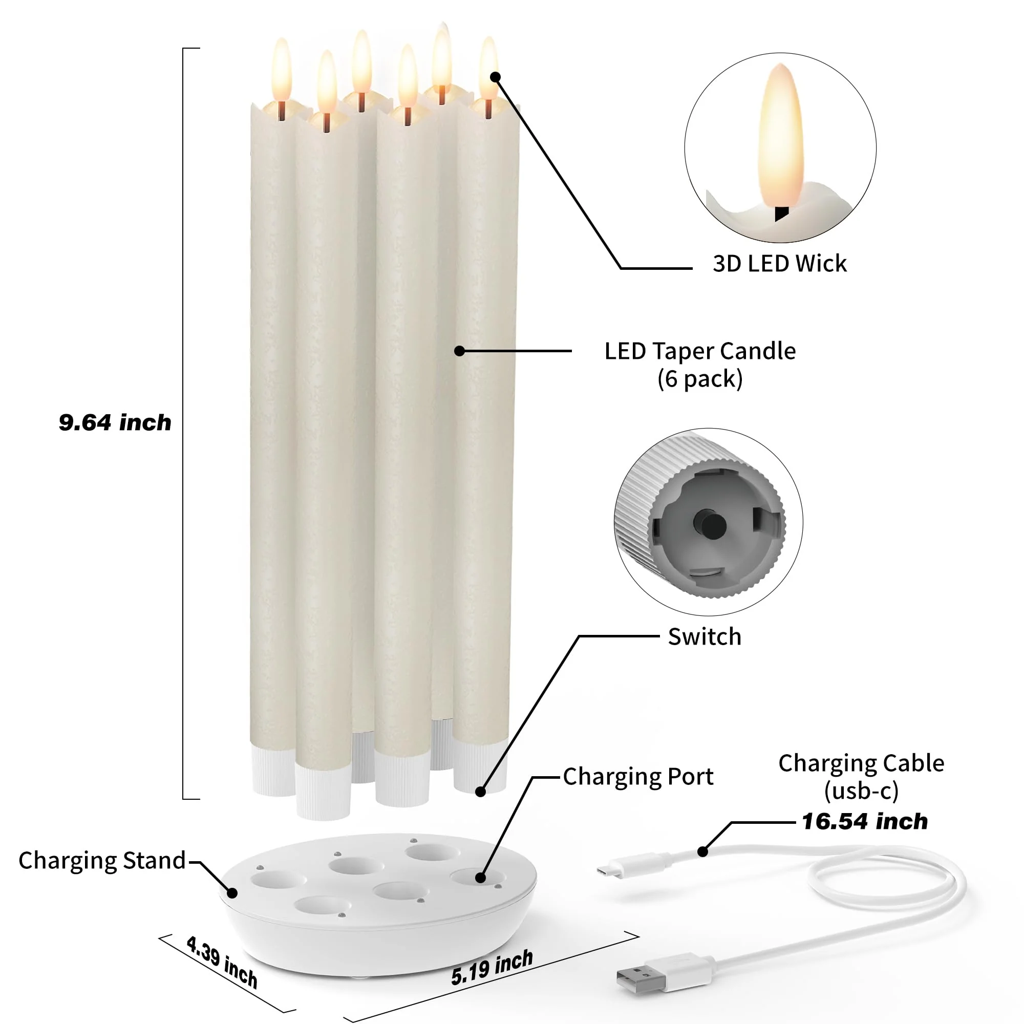 Rechargeable Flameless Taper Candles with Charging Station, 6 Pcs Real Wax LED Taper Candles Flickering with Remote&Timer, 3D Flame Battery Candlesticks for Home Wedding Christmas Decor (Ivory) - Image 6