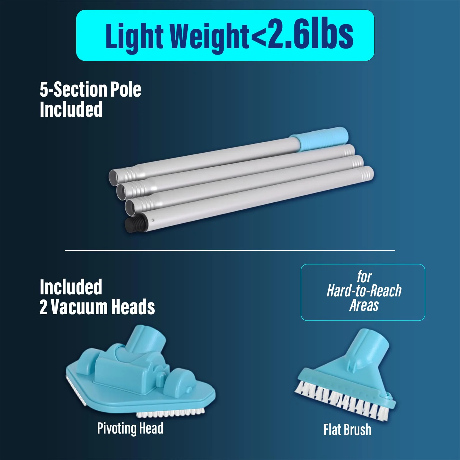 Rechargeable Handheld Pool Vacuum Set with Adjustable Pole and 2 Interchangeable Brush Heads, Ideal for Above-Ground Pools, Hot Tubs, Spas, and Small Pools up to 20ft – Cordless Spot Cleaner(Blue) - Image 2